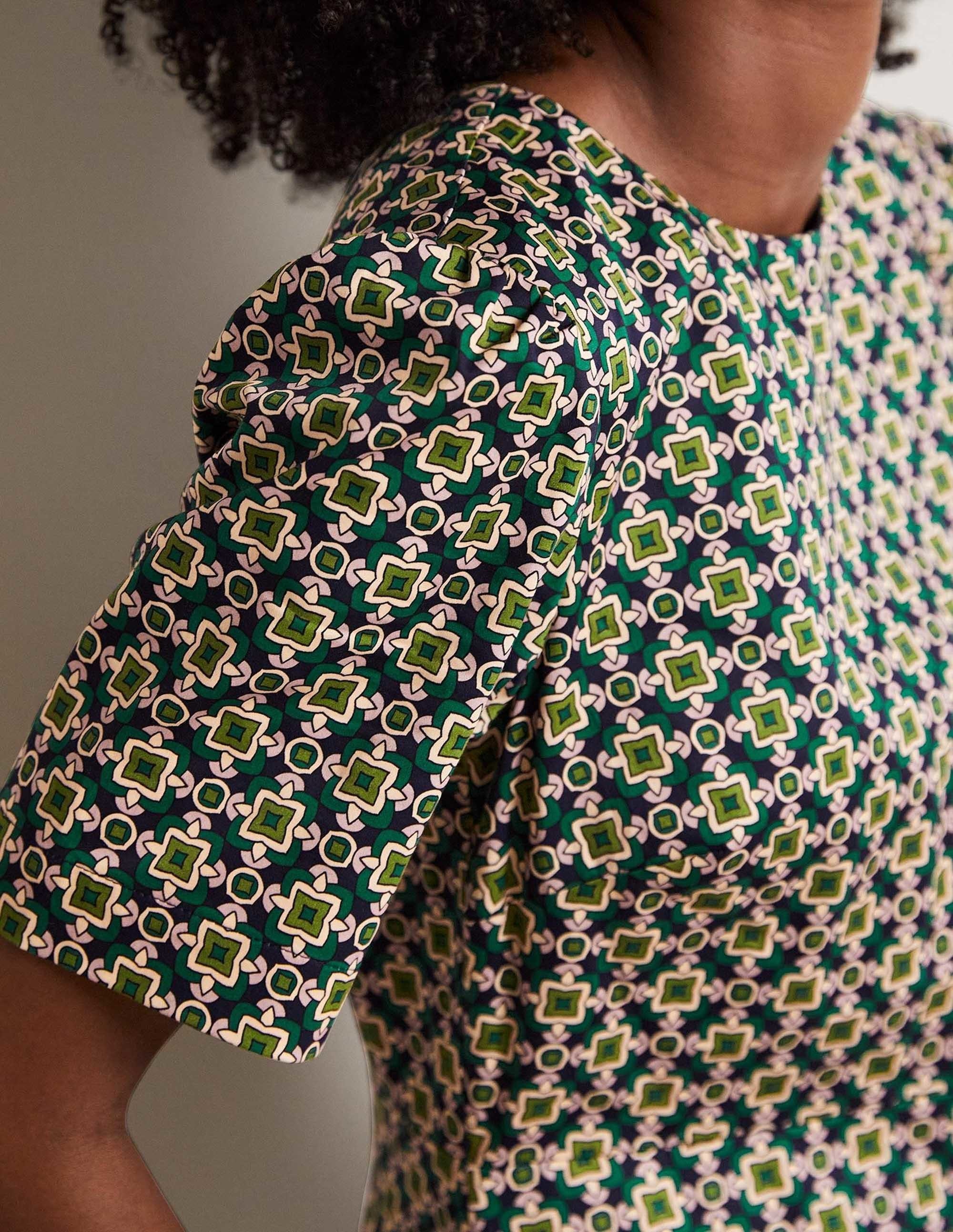 Mini-robe fourreau en coton-Clairière ombragée, motif géométrique carré - Image 2