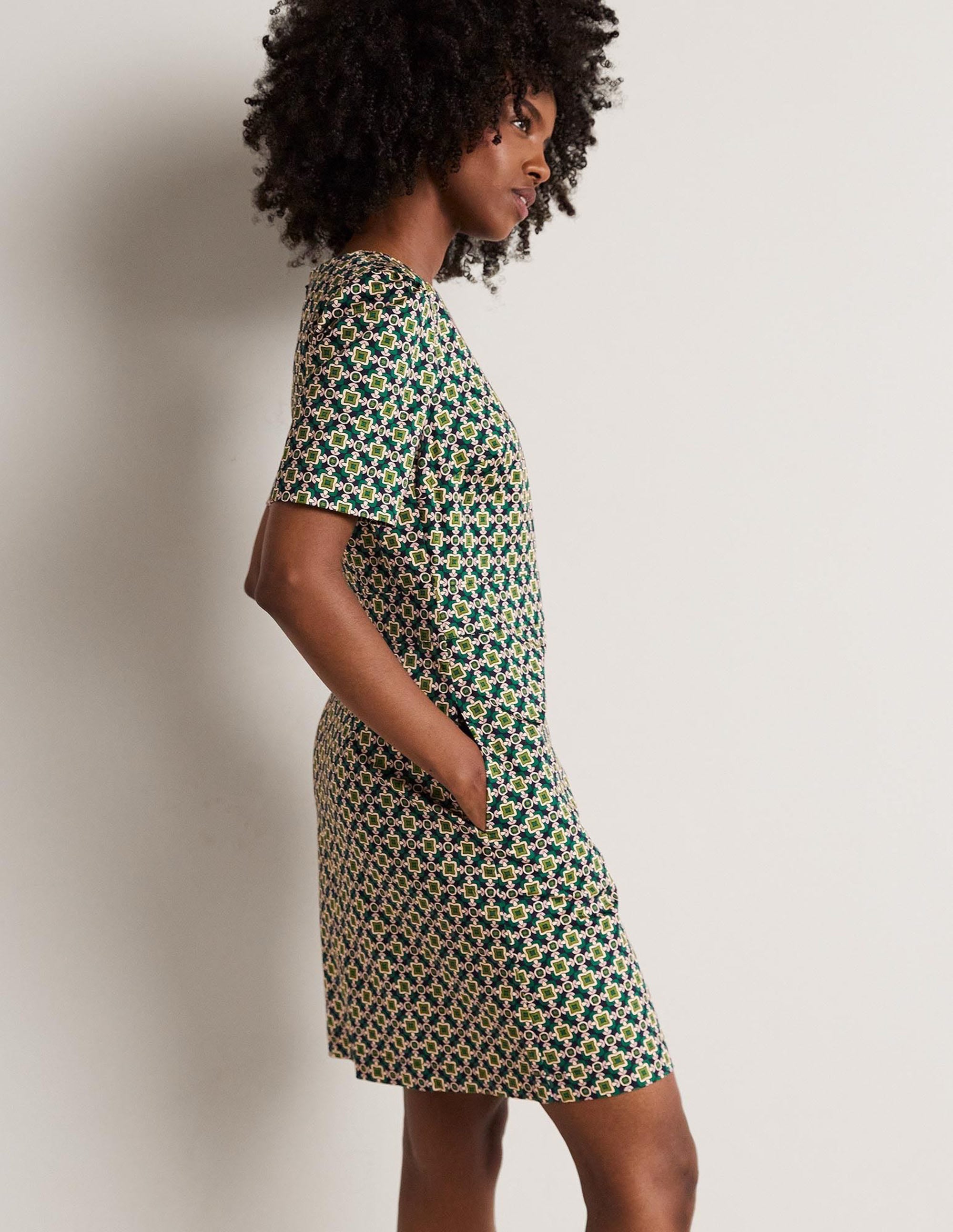 Mini-robe fourreau en coton-Clairière ombragée, motif géométrique carré - Image 4