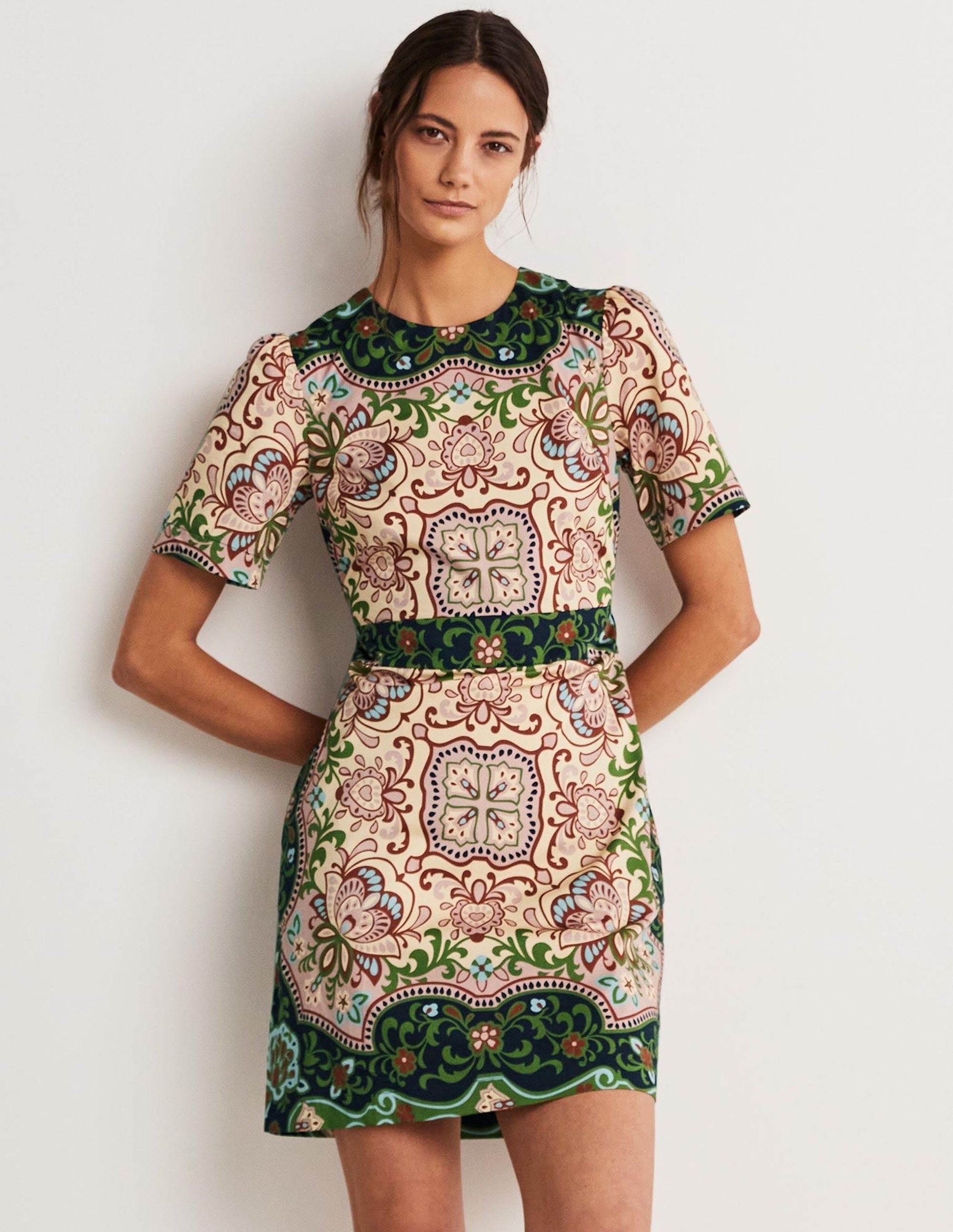 Cotton Mini Shift Dress-Multi, Ornate Garden - Image 1