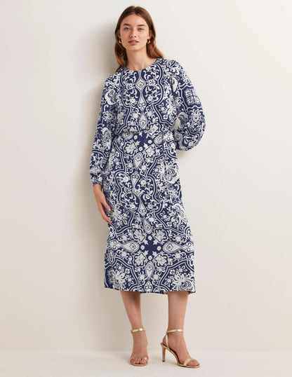 Langärmliges Säulen-Midikleid-Navy, Blütenornamente-6
