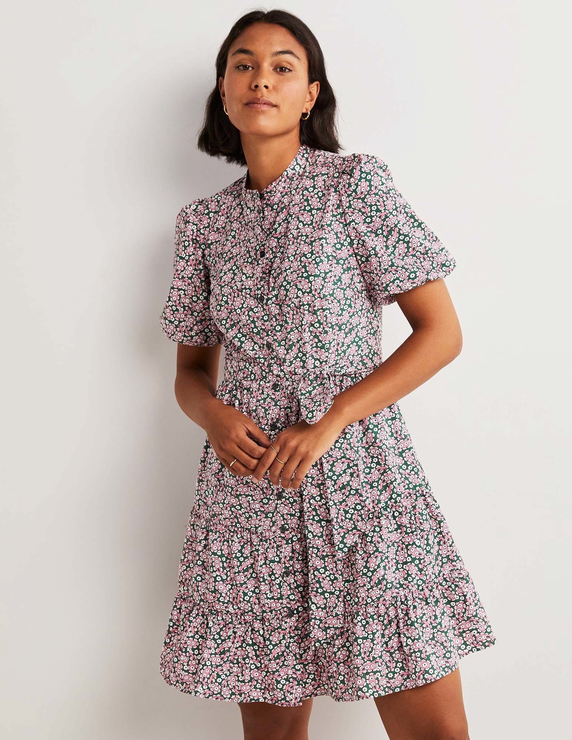 Tiered Shirt Dress-Trekking Green, Petal Paisley-1