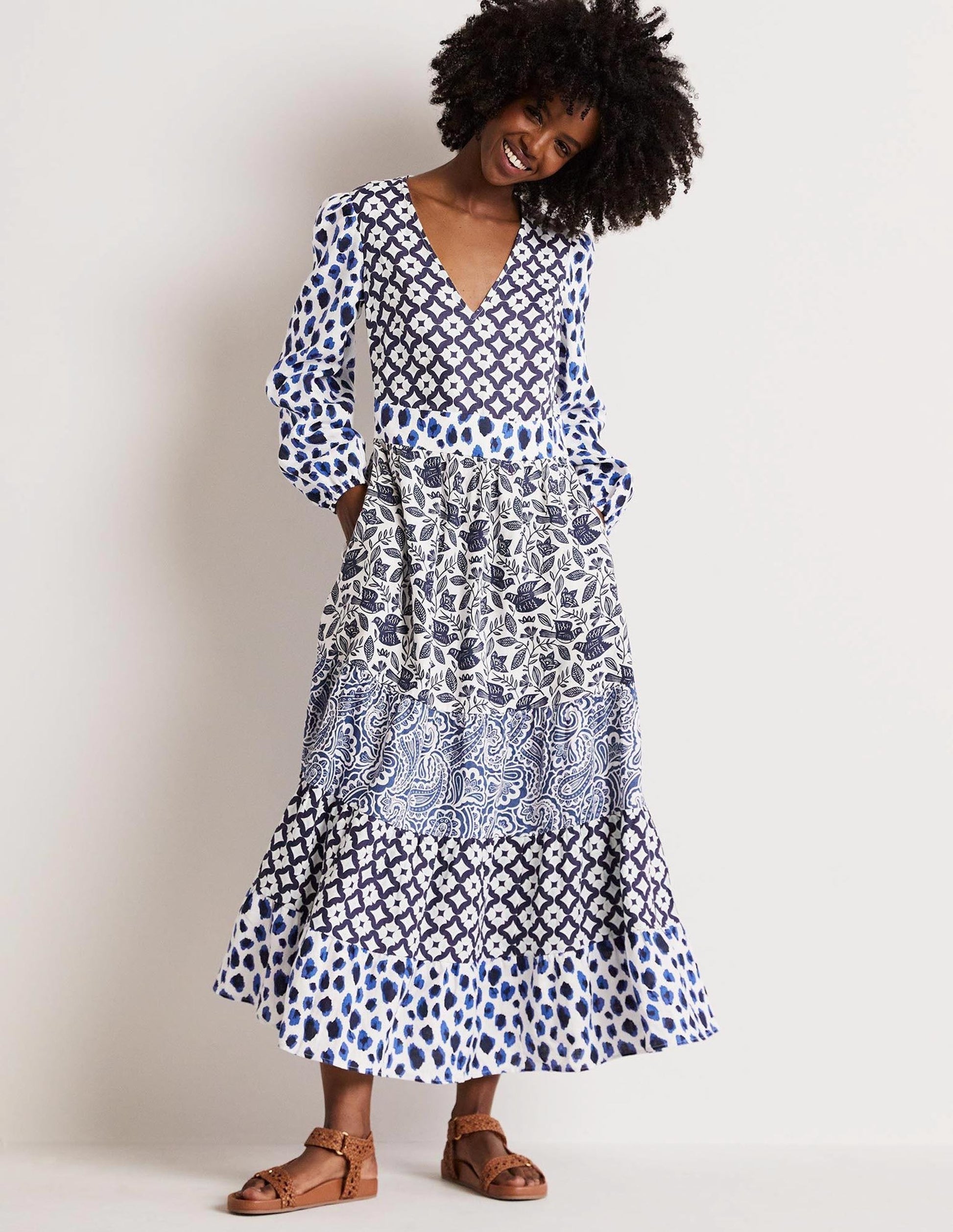 Gestuftes Upcycling Maxi-Kleid-Blau-1
