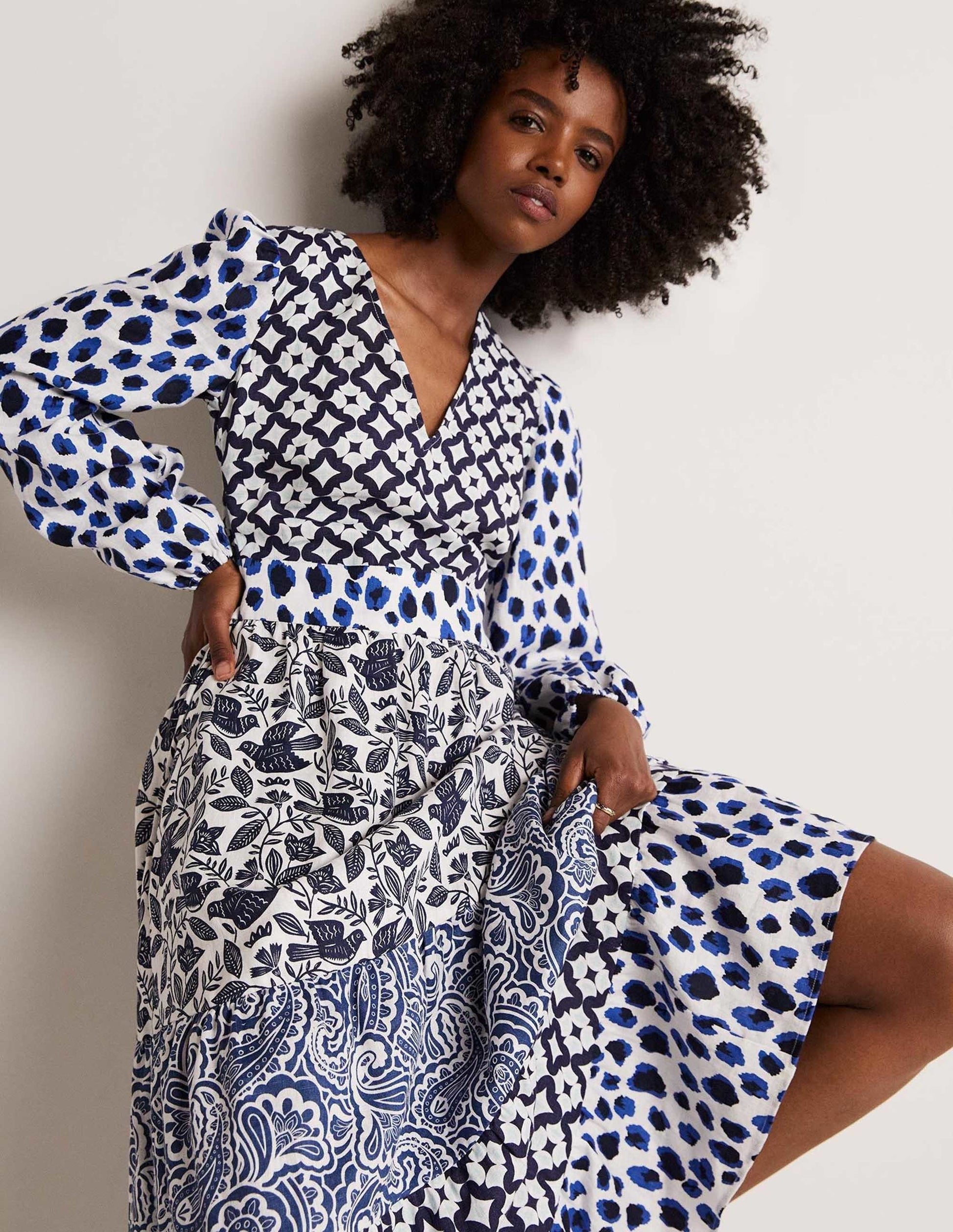 Gestuftes Upcycling Maxi-Kleid-Blau-4