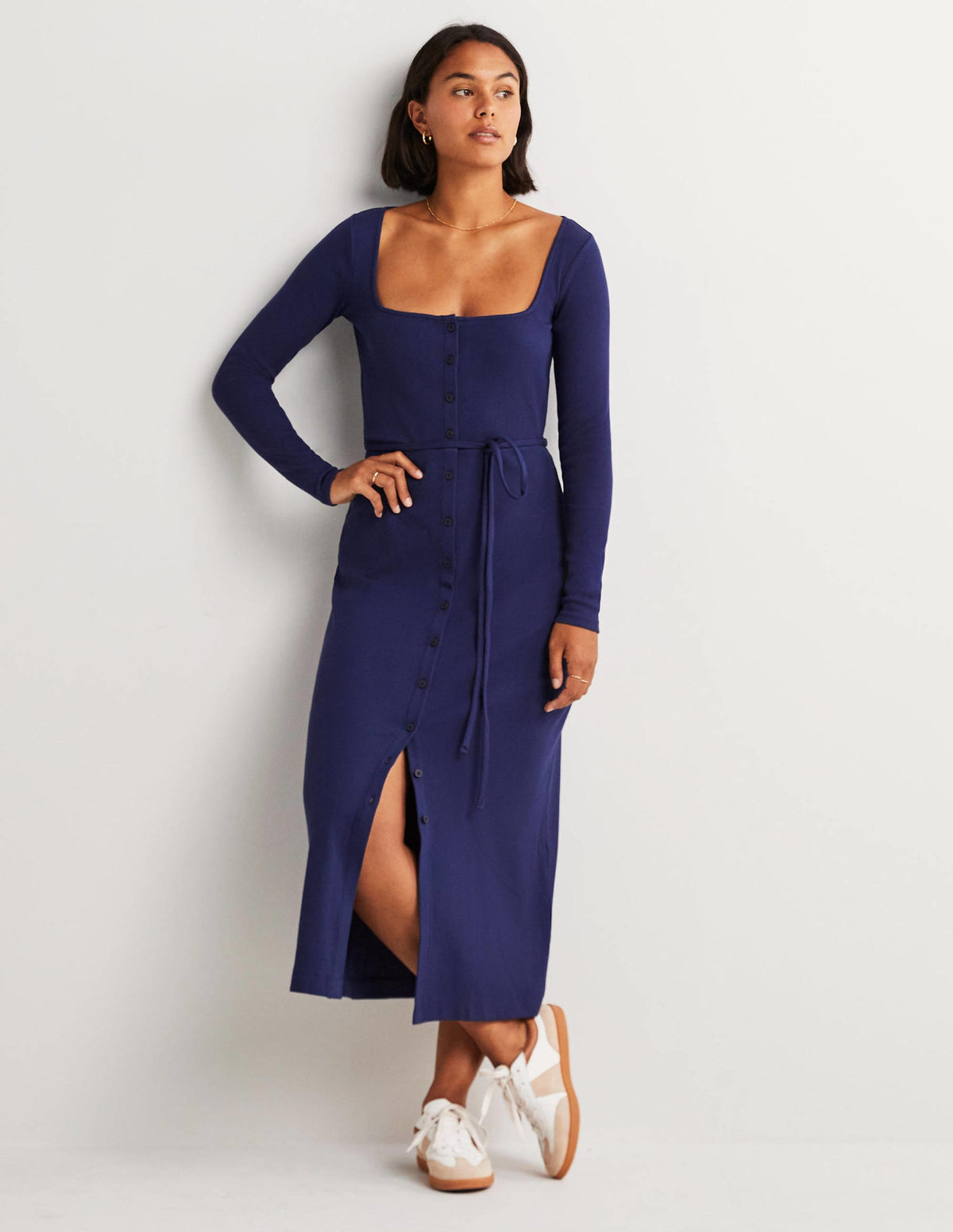 Jersey-Midikleid mit Rippstrick-Marineblau-1