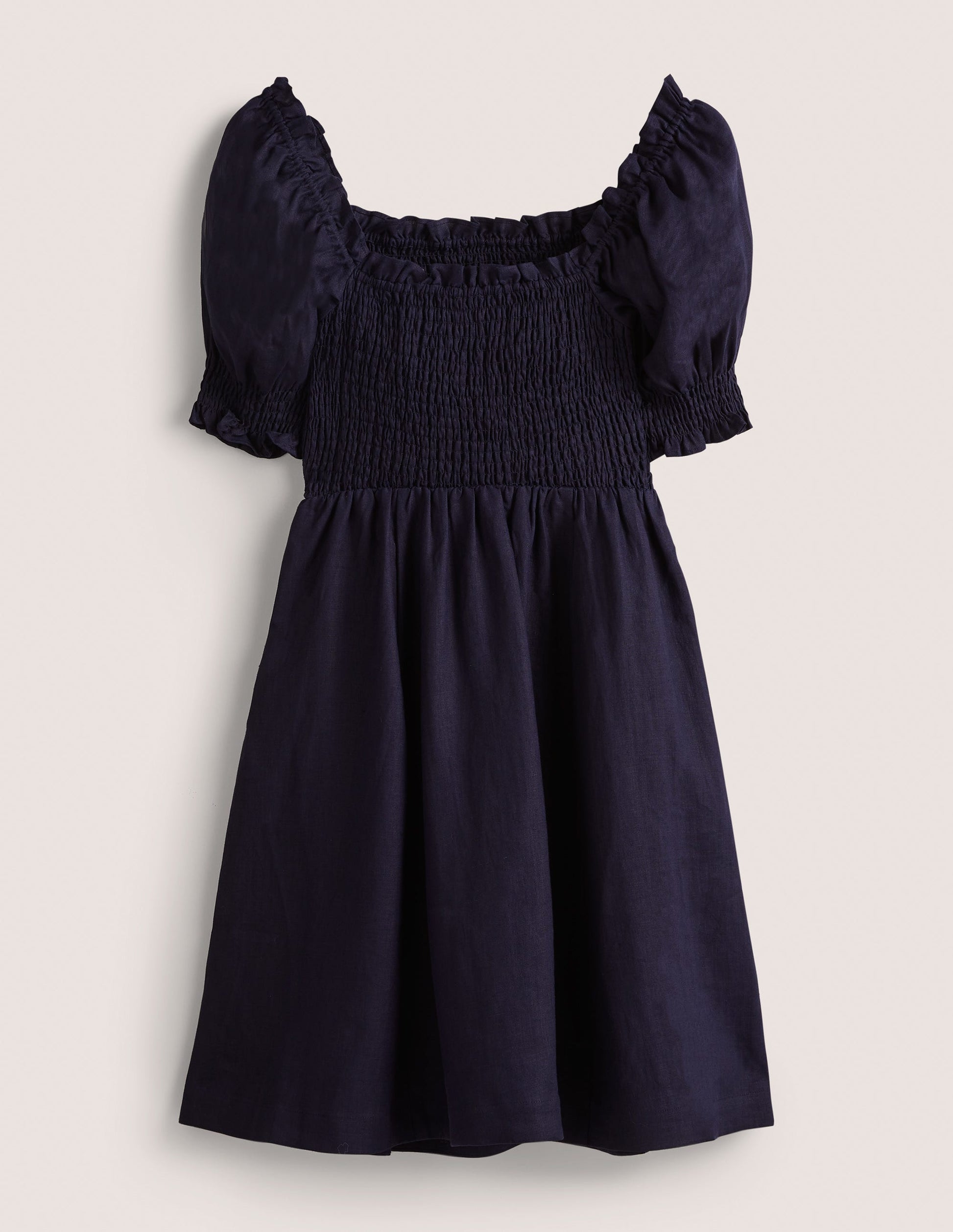 Smocked Bodice Mini Dress-Navy-5