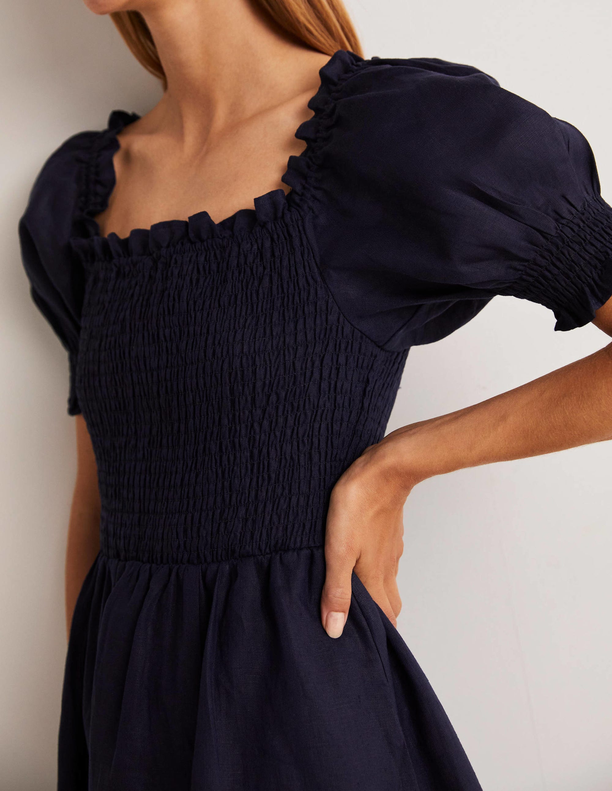 Smocked Bodice Mini Dress-Navy - Image 6