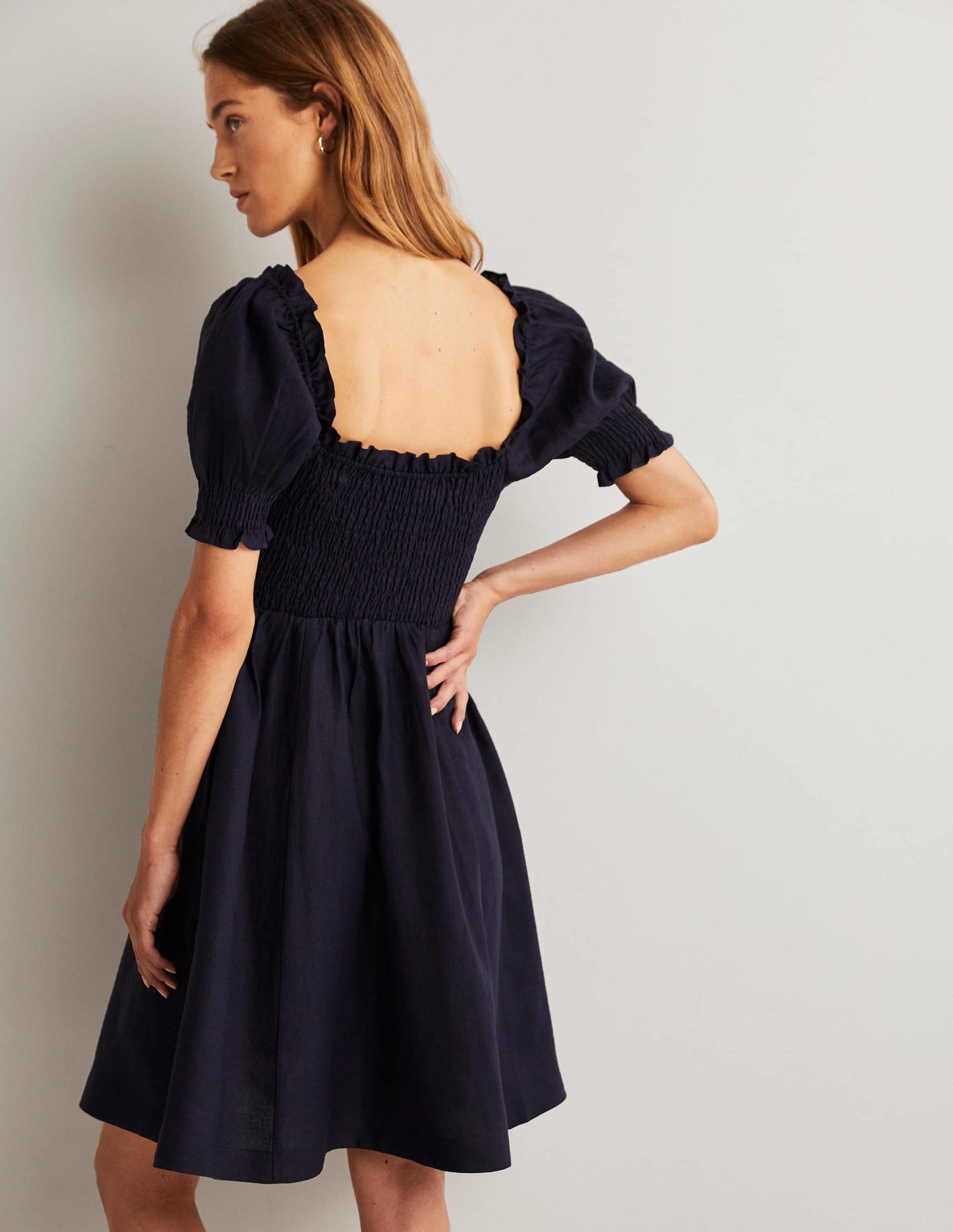 Smocked Bodice Mini Dress-Navy-7