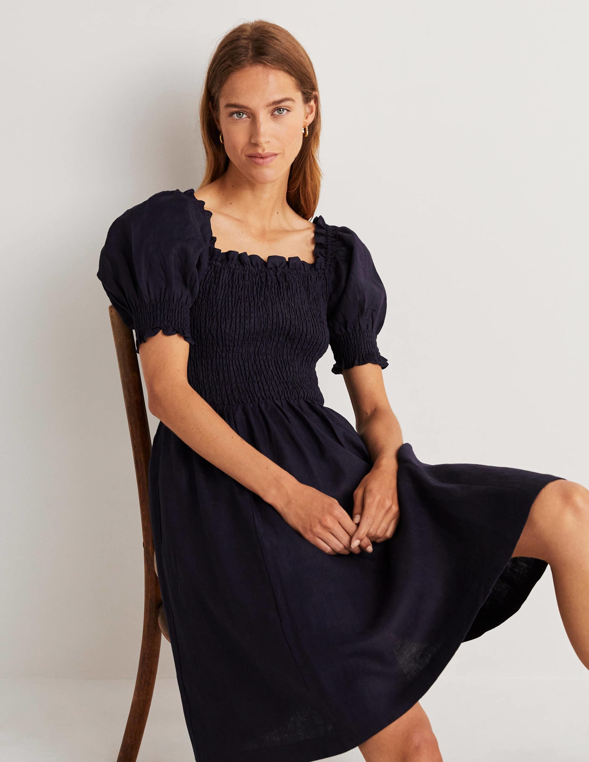 Smocked Bodice Mini Dress-Navy - Image 8