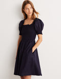 Smocked Bodice Mini Dress-Navy