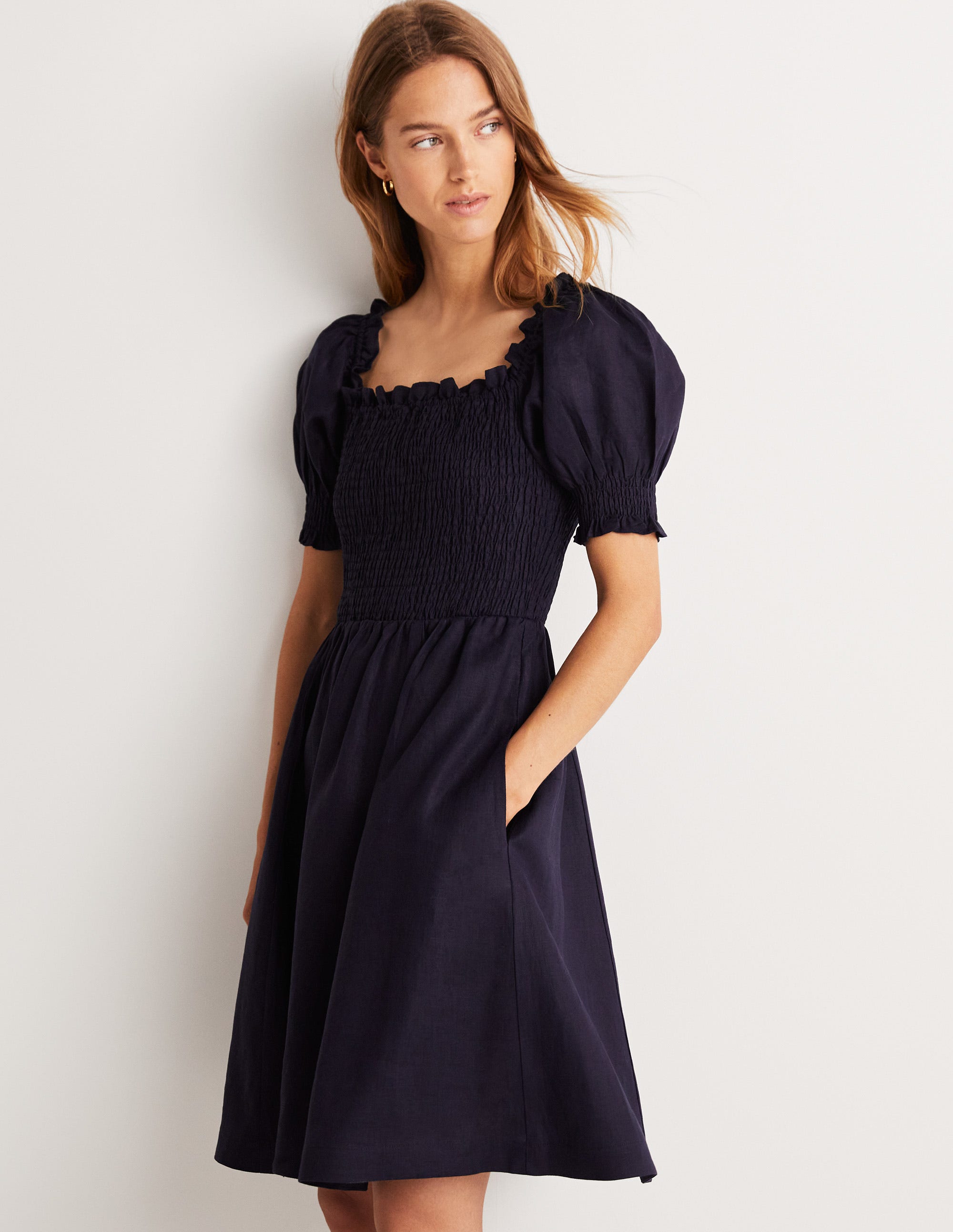 Smocked Bodice Mini Dress-Navy - Image 1