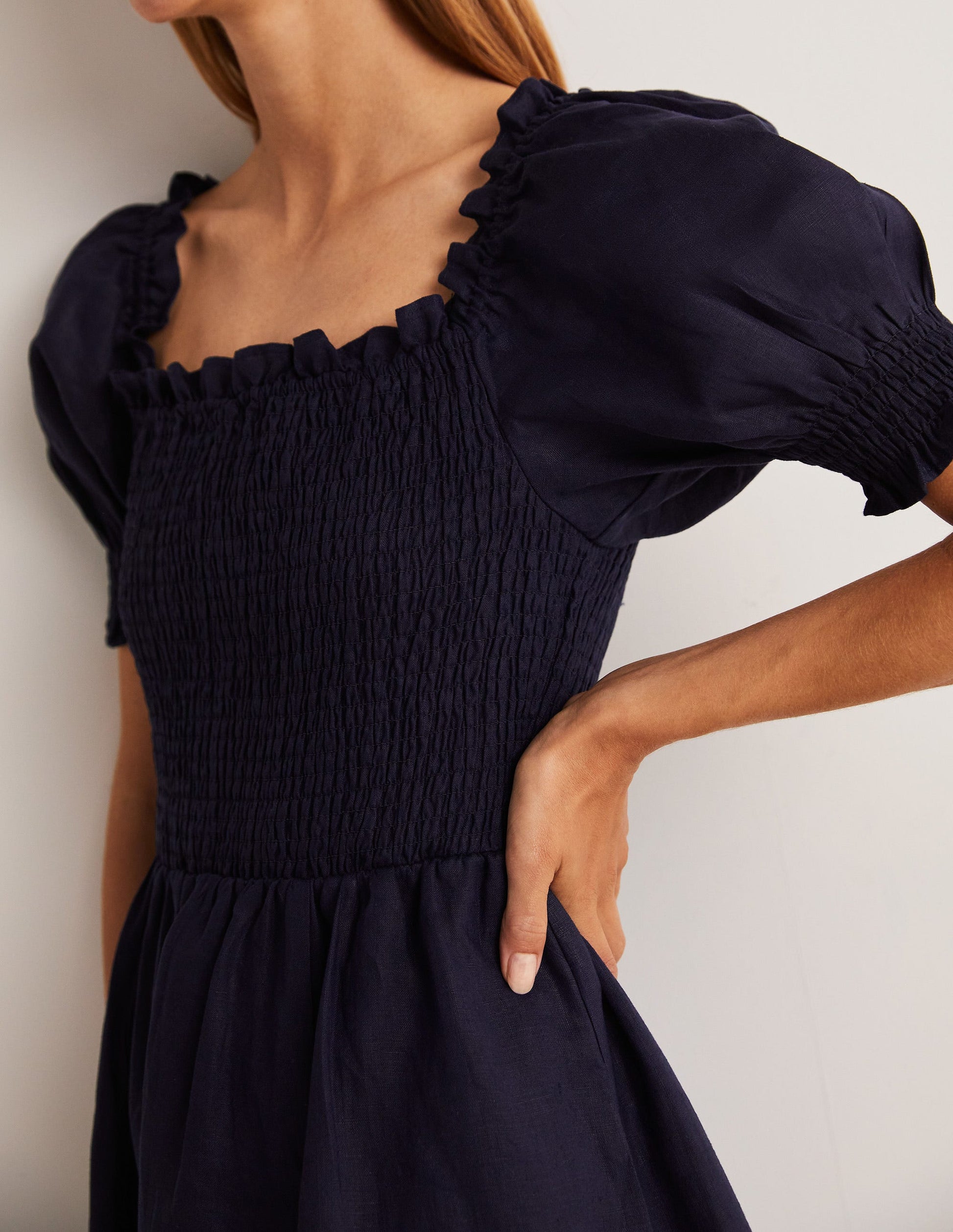 Smocked Bodice Mini Dress-Navy-2
