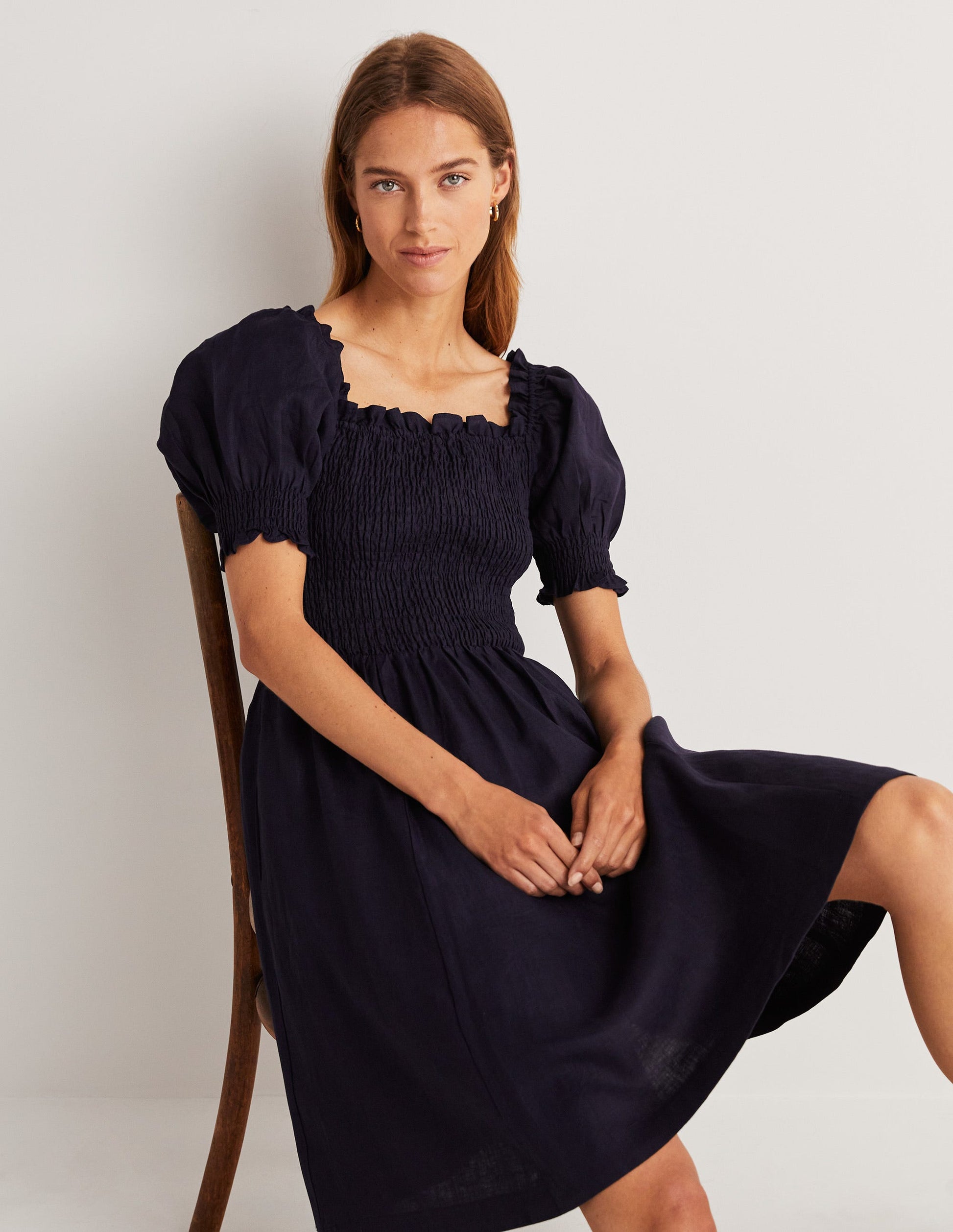 Smocked Bodice Mini Dress-Navy-4