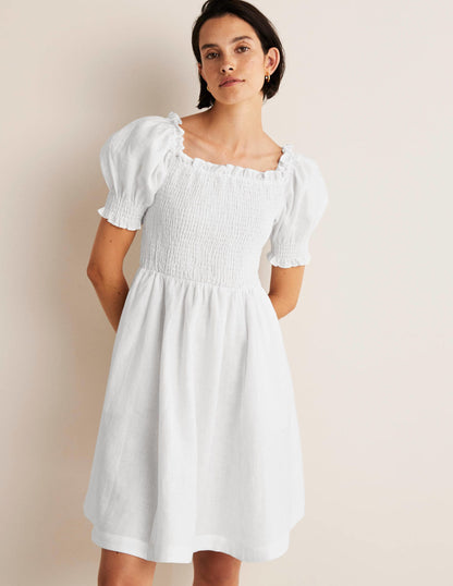 Smocked Bodice Mini Dress-White