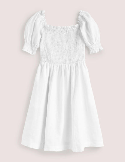 Smocked Bodice Mini Dress-White