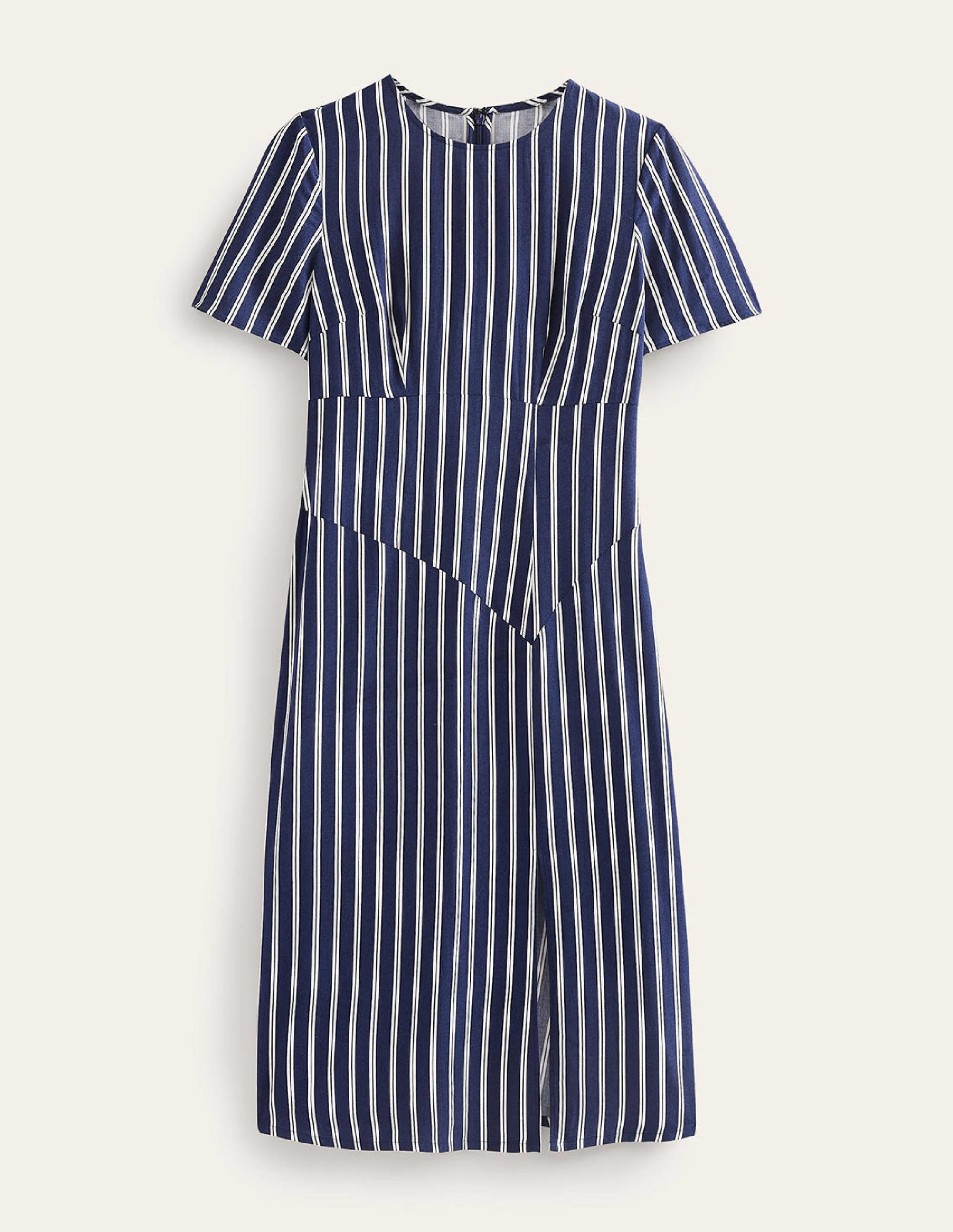 Midikleid mit asymmetrischen Nähten-Marineblau und Naturweiß Senkrecht Gestreift - Image 9