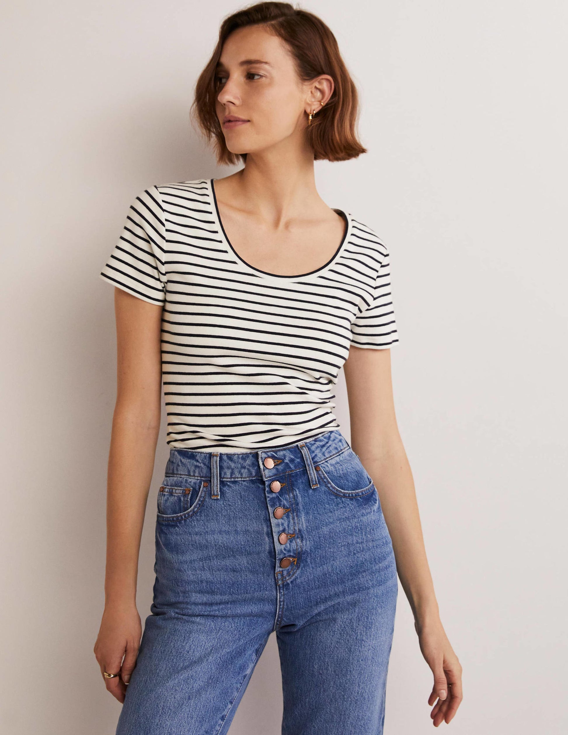 Kurzärmeliges Basic-T-Shirt-Naturweiß/Navy, Gestreift-5