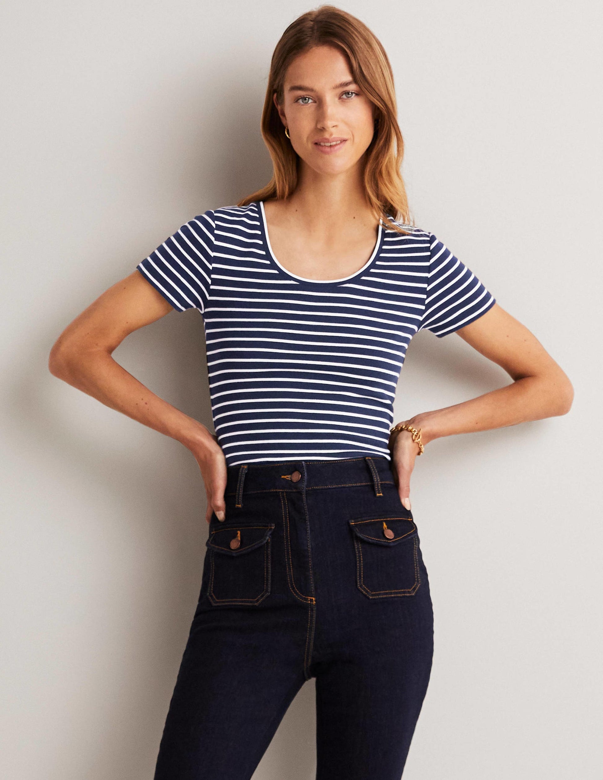 Kurzärmeliges Basic-T-Shirt-Navy/Naturweiß, Gestreift-5