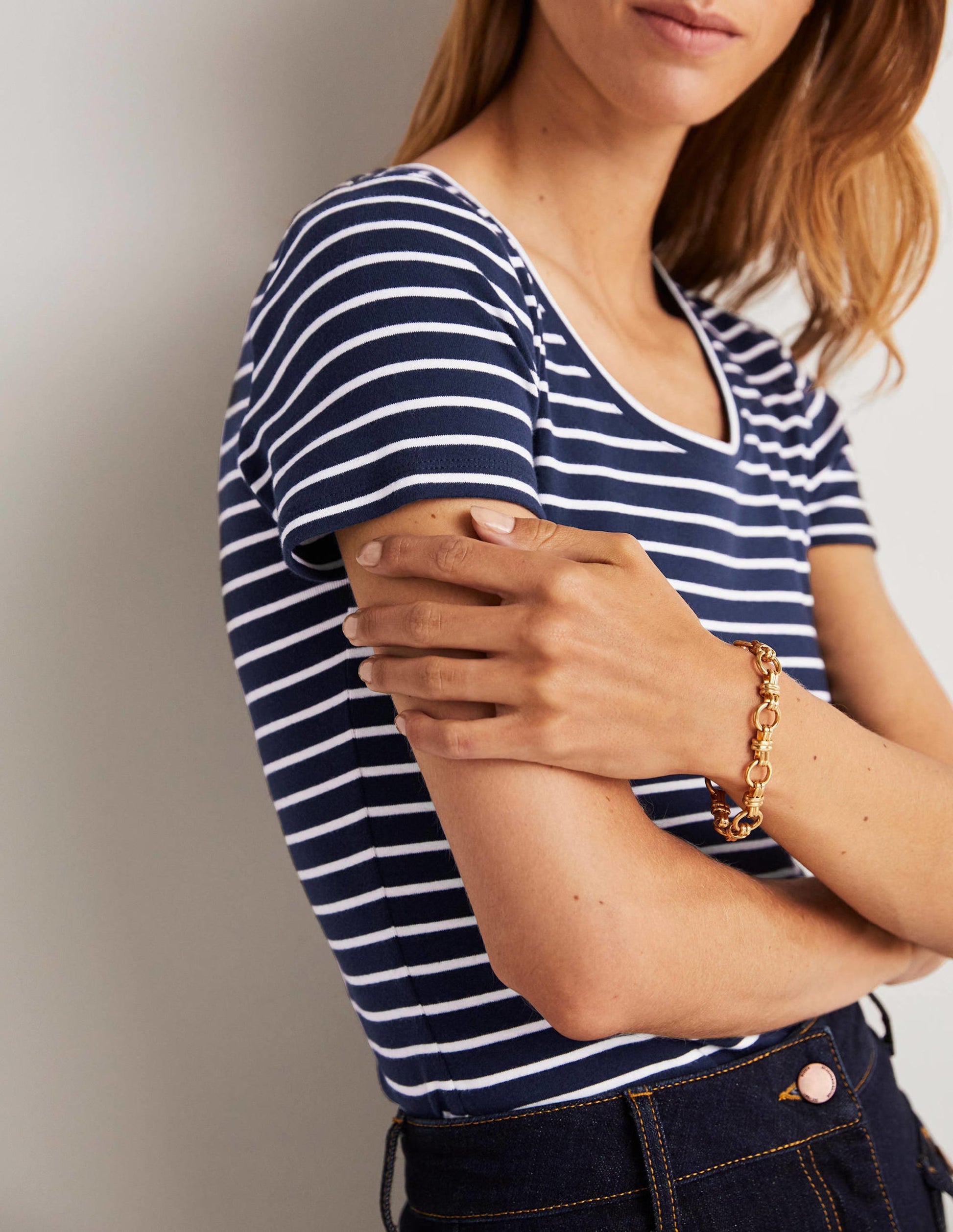 Kurzärmeliges Basic-T-Shirt-Navy/Naturweiß, Gestreift-6