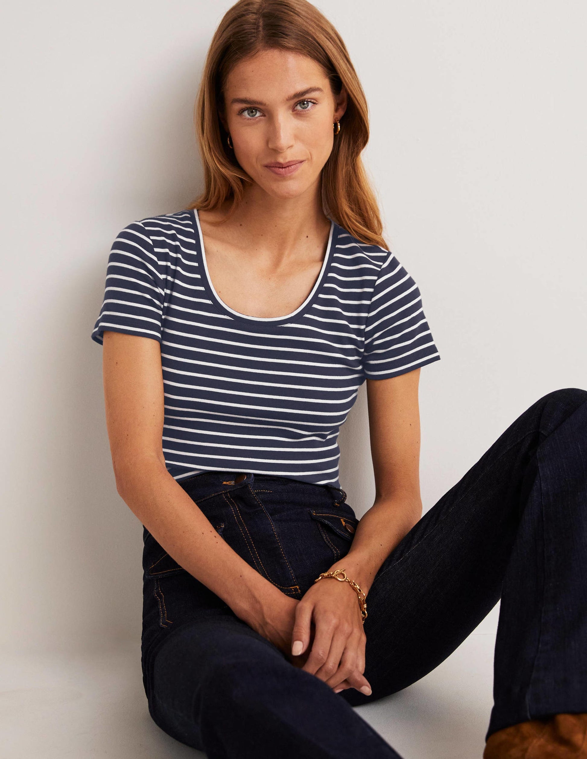 Kurzärmeliges Basic-T-Shirt-Navy/Naturweiß, Gestreift-8