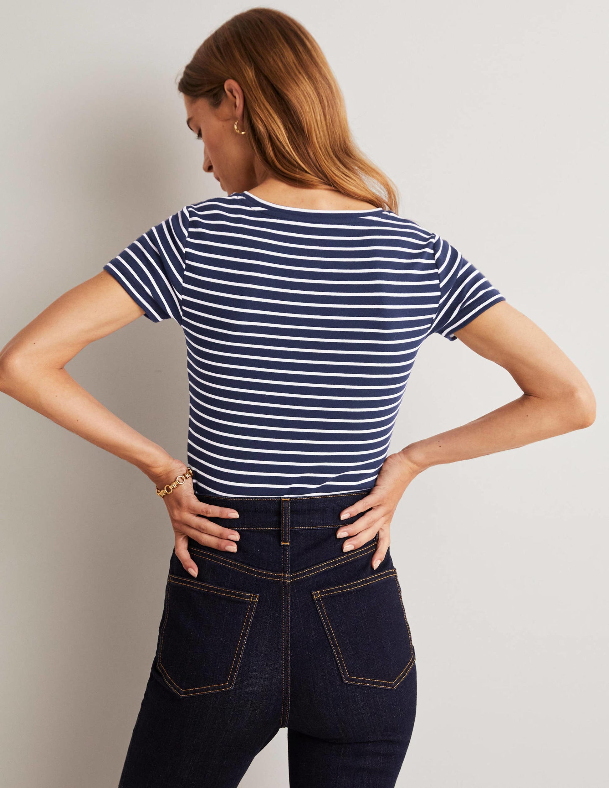 Kurzärmeliges Basic-T-Shirt-Navy/Naturweiß, Gestreift-3