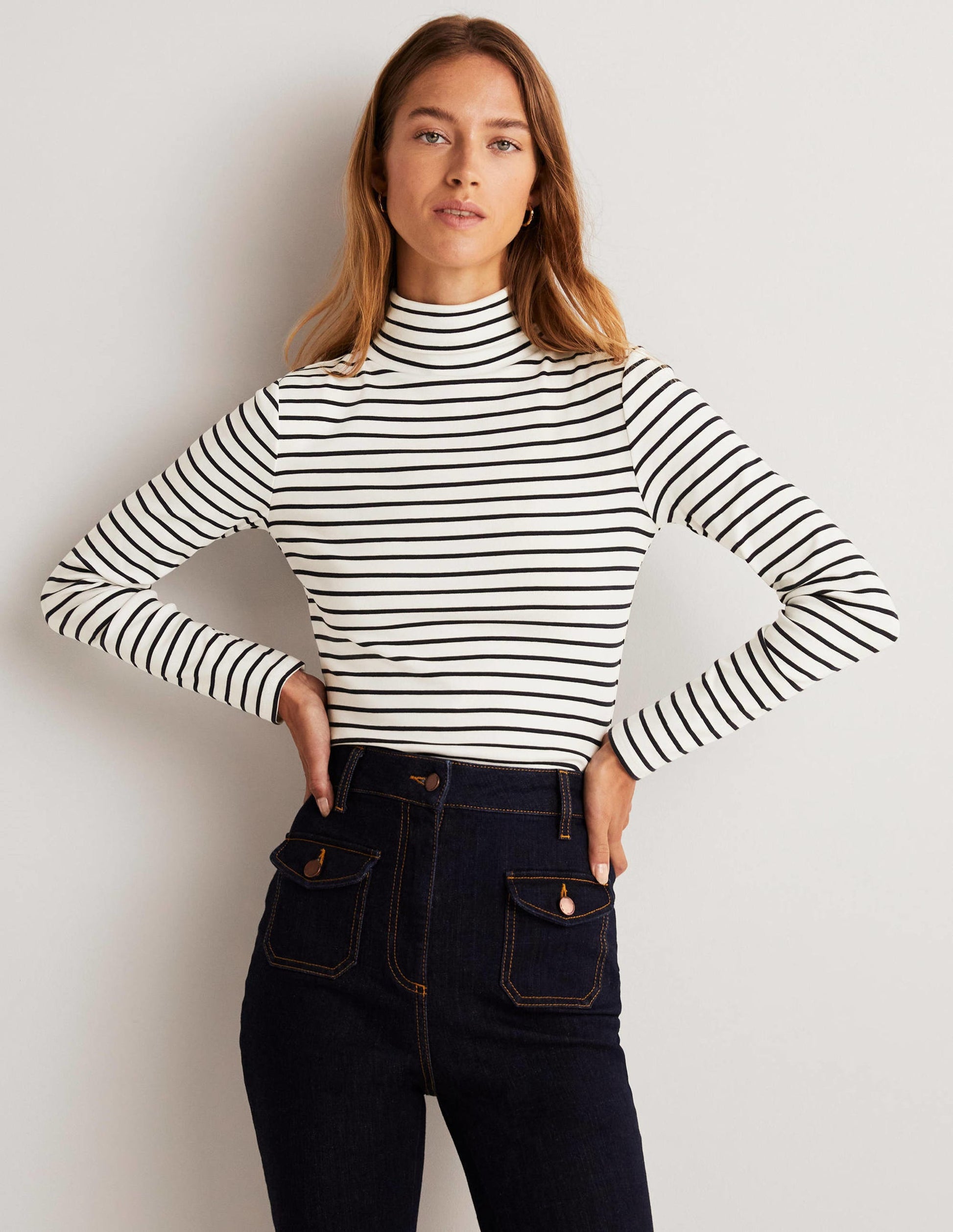 Essential Roll-neck Top-Ivory / Navy Stripe-5