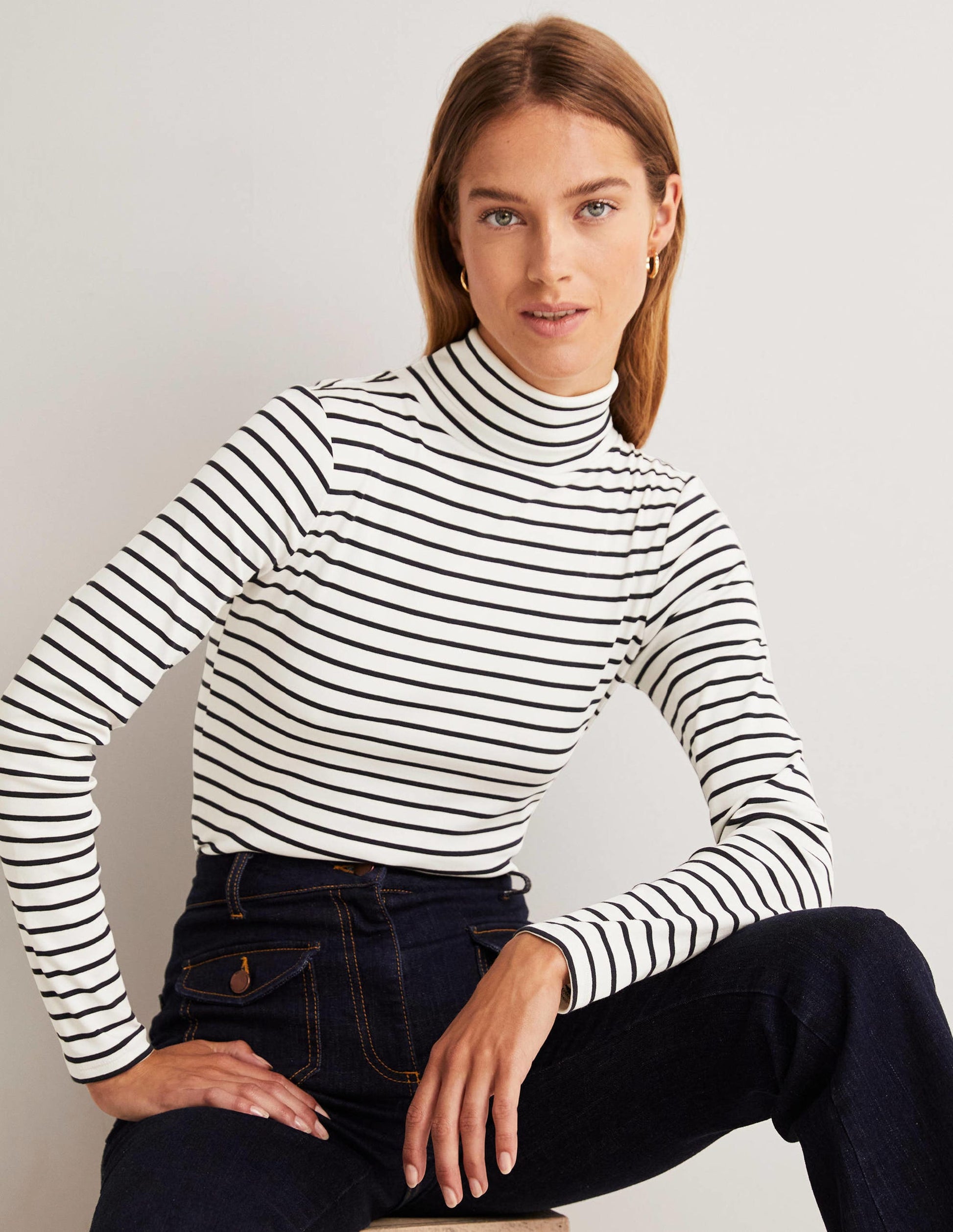 Essential Roll-neck Top-Ivory / Navy Stripe-7