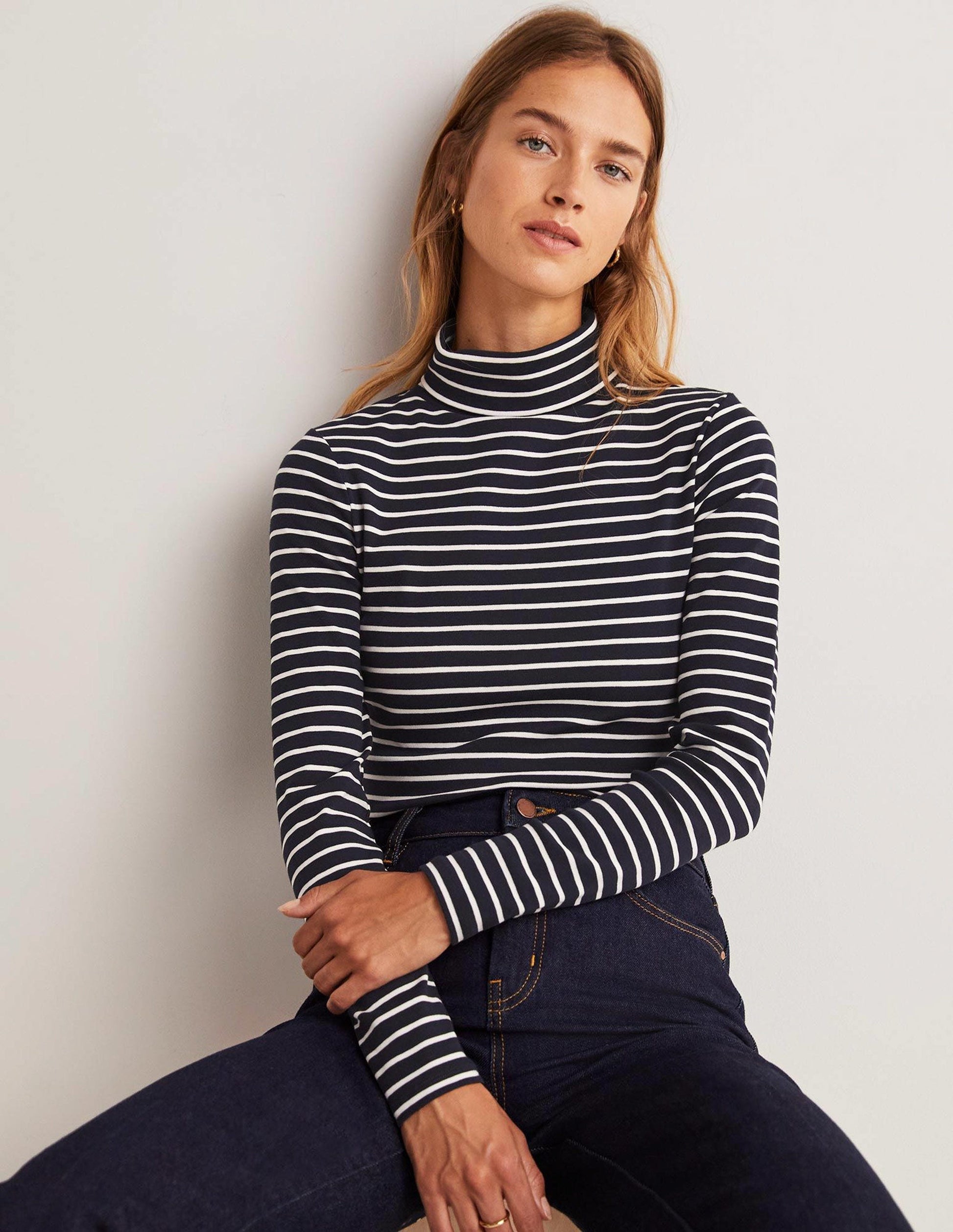 Essential Roll-neck Top-Navy / Ivory Stripe-1