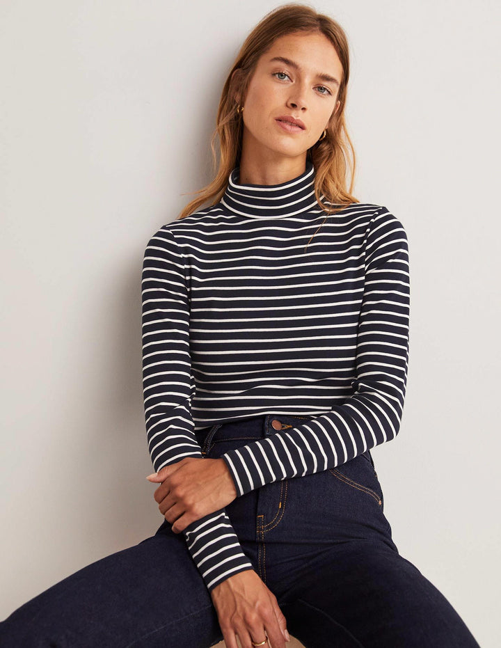 Essential Roll-neck Top-Navy / Ivory Stripe