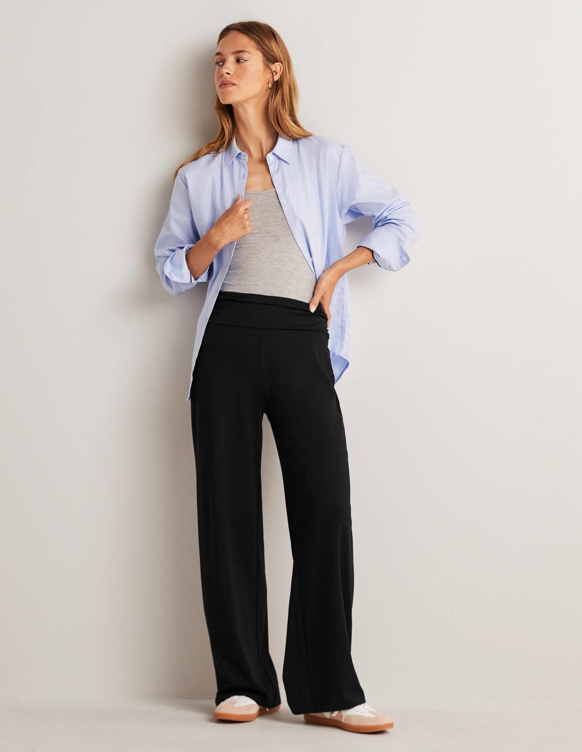 Wide Leg Jersey Trousers-Black-5