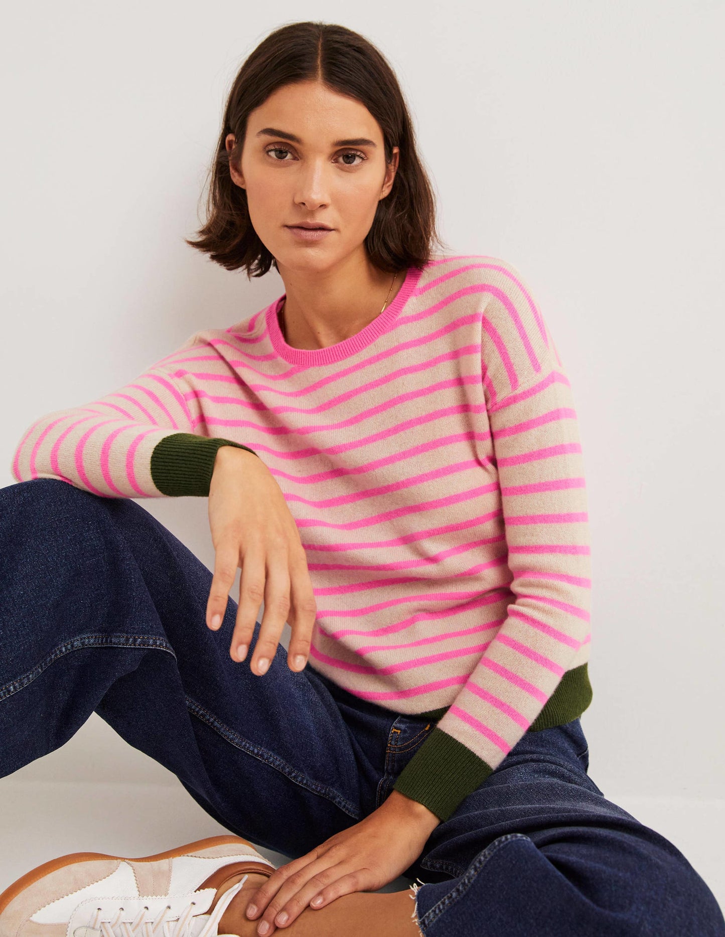 Striped Cashmere Jumper-Neon Pink, Breton Stripe