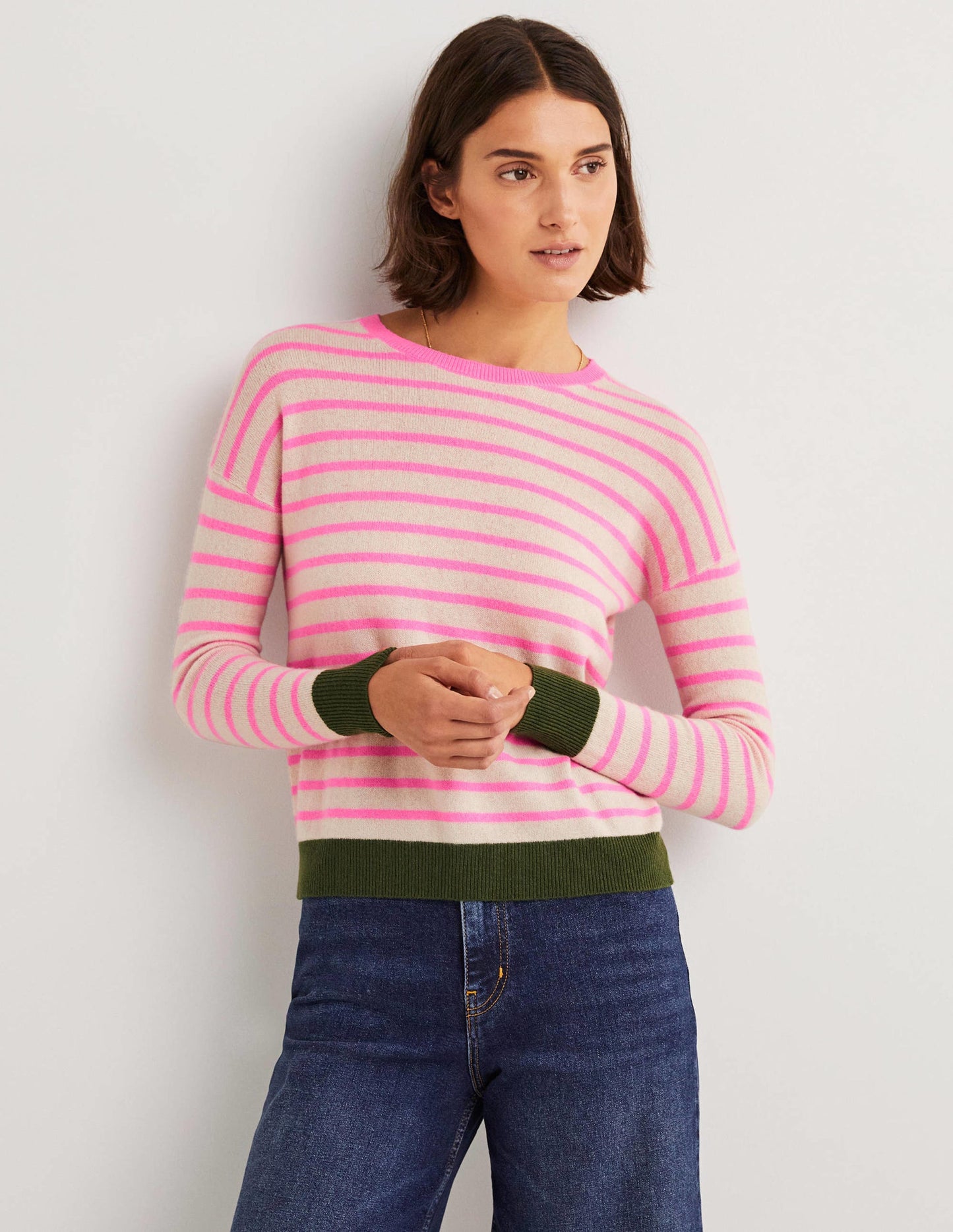 Striped Cashmere Jumper-Neon Pink, Breton Stripe