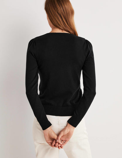 Baumwollcardigan mit Rundhalsausschnitt-Schwarz-2
