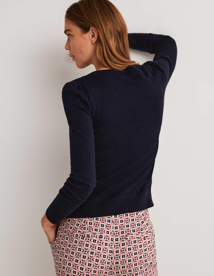 Cotton Crew Neck Cardigan-Navy-2