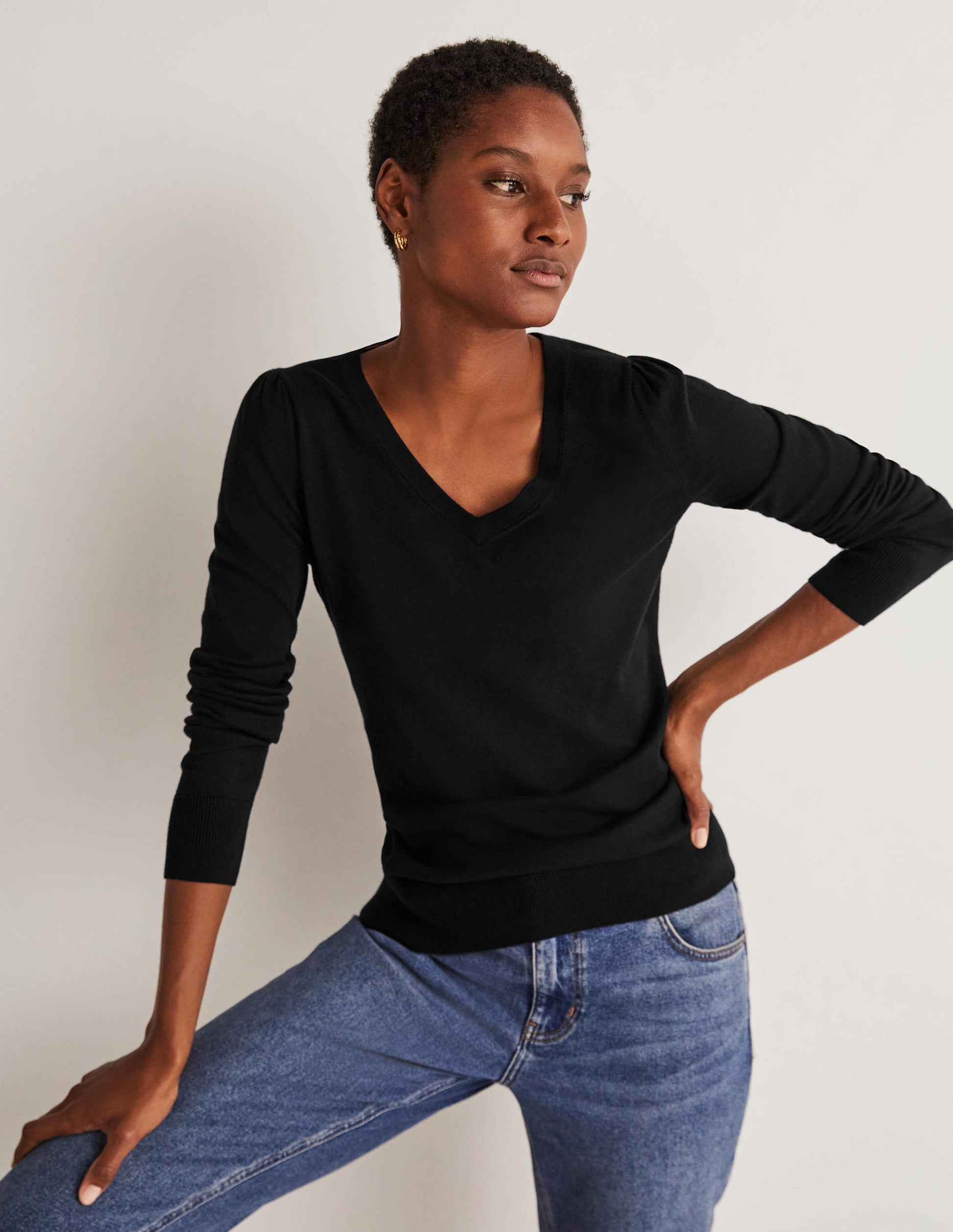 Cotton V-Neck Jumper-Black-1