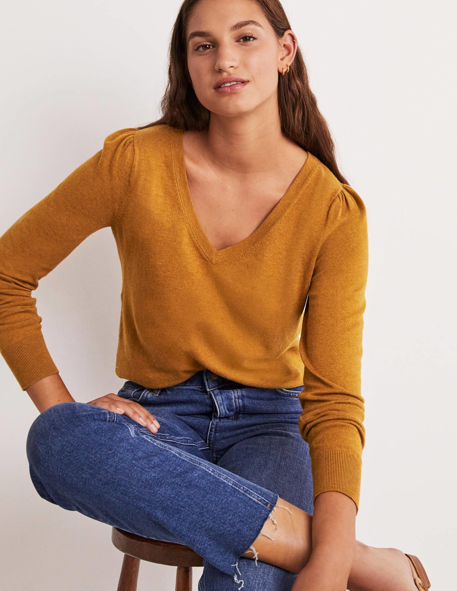 Cotton V-Neck Jumper-Butterscotch Brown Melange-9