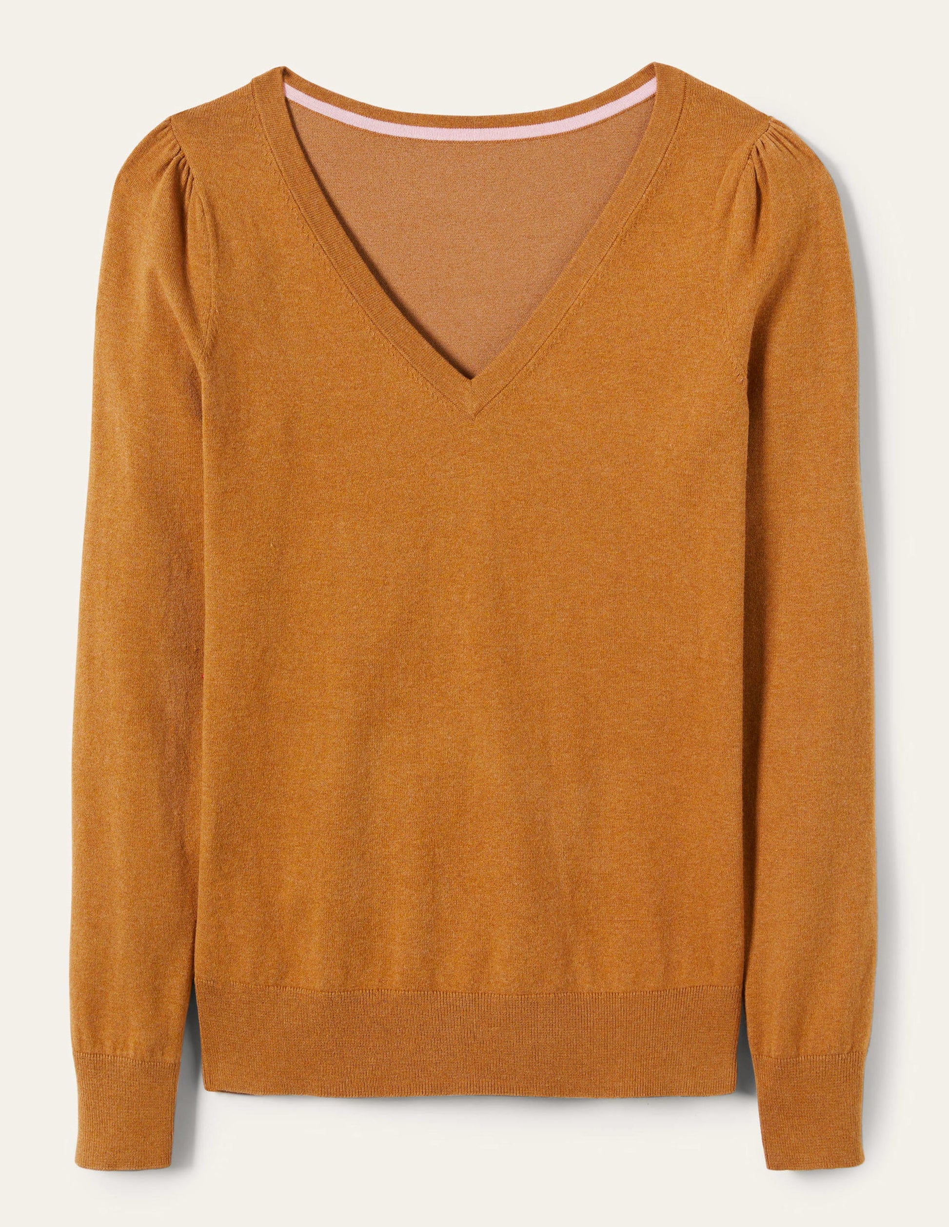 Cotton V-Neck Jumper-Butterscotch Brown Melange-10