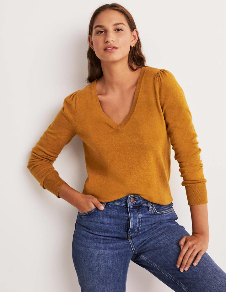 Cotton V-Neck Jumper-Butterscotch Brown Melange