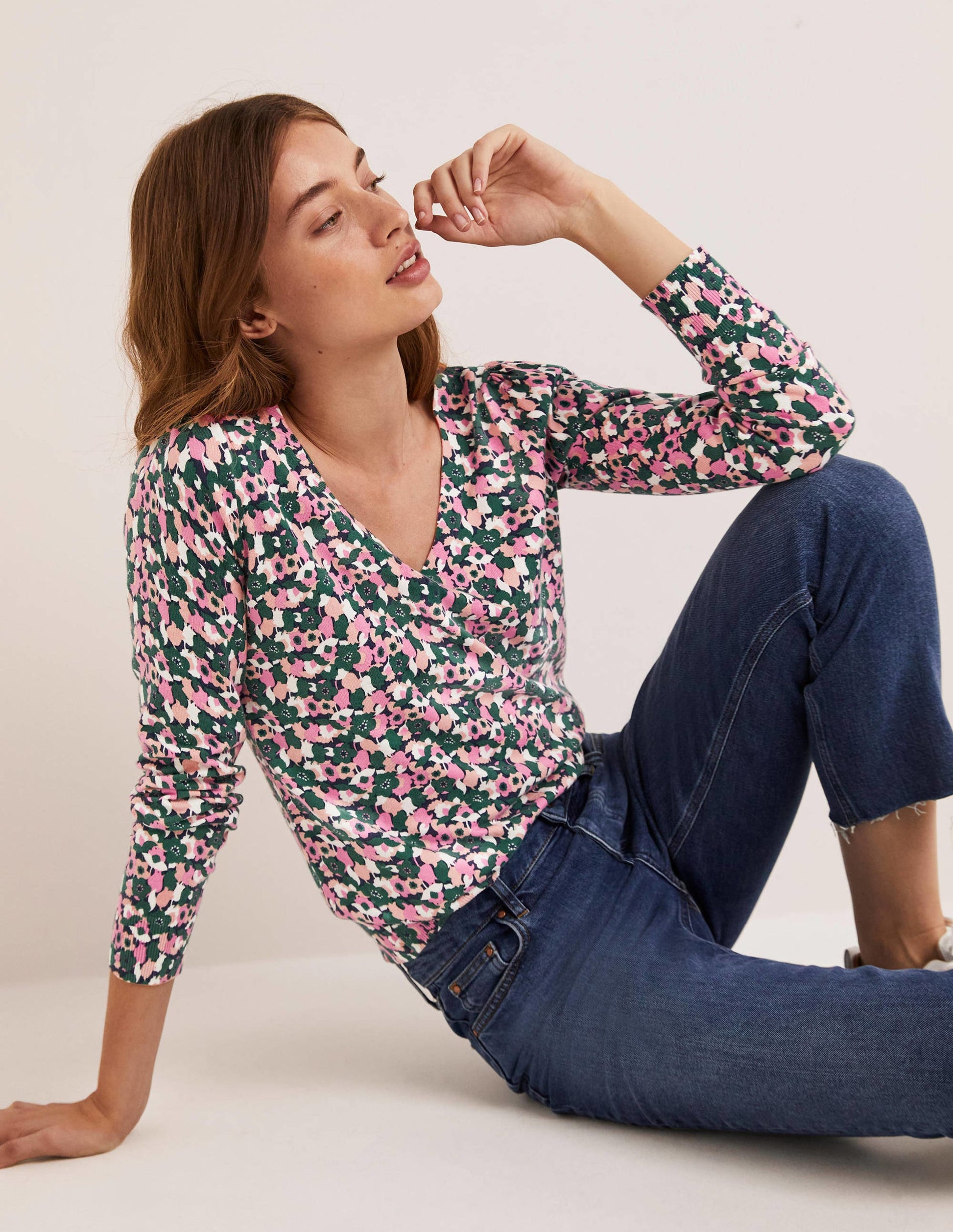 Cotton V-Neck Jumper-Wild Rose, Tulip Cluster-1