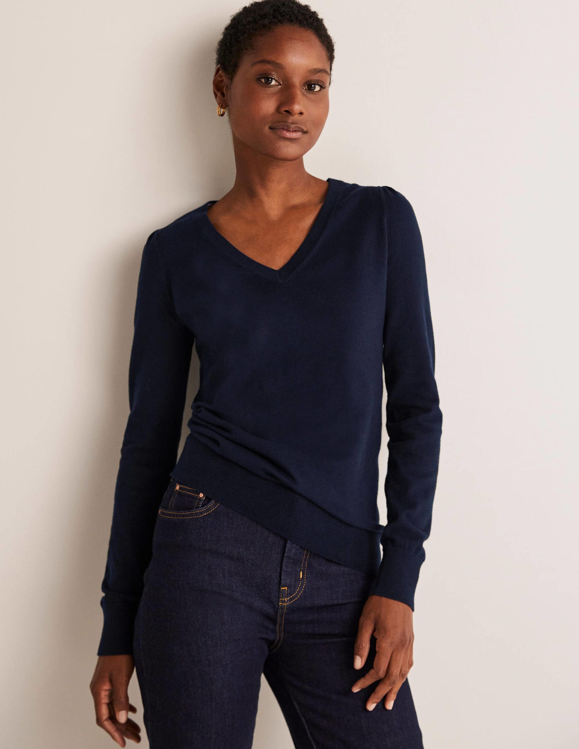 Cotton V-Neck Jumper-Navy-6