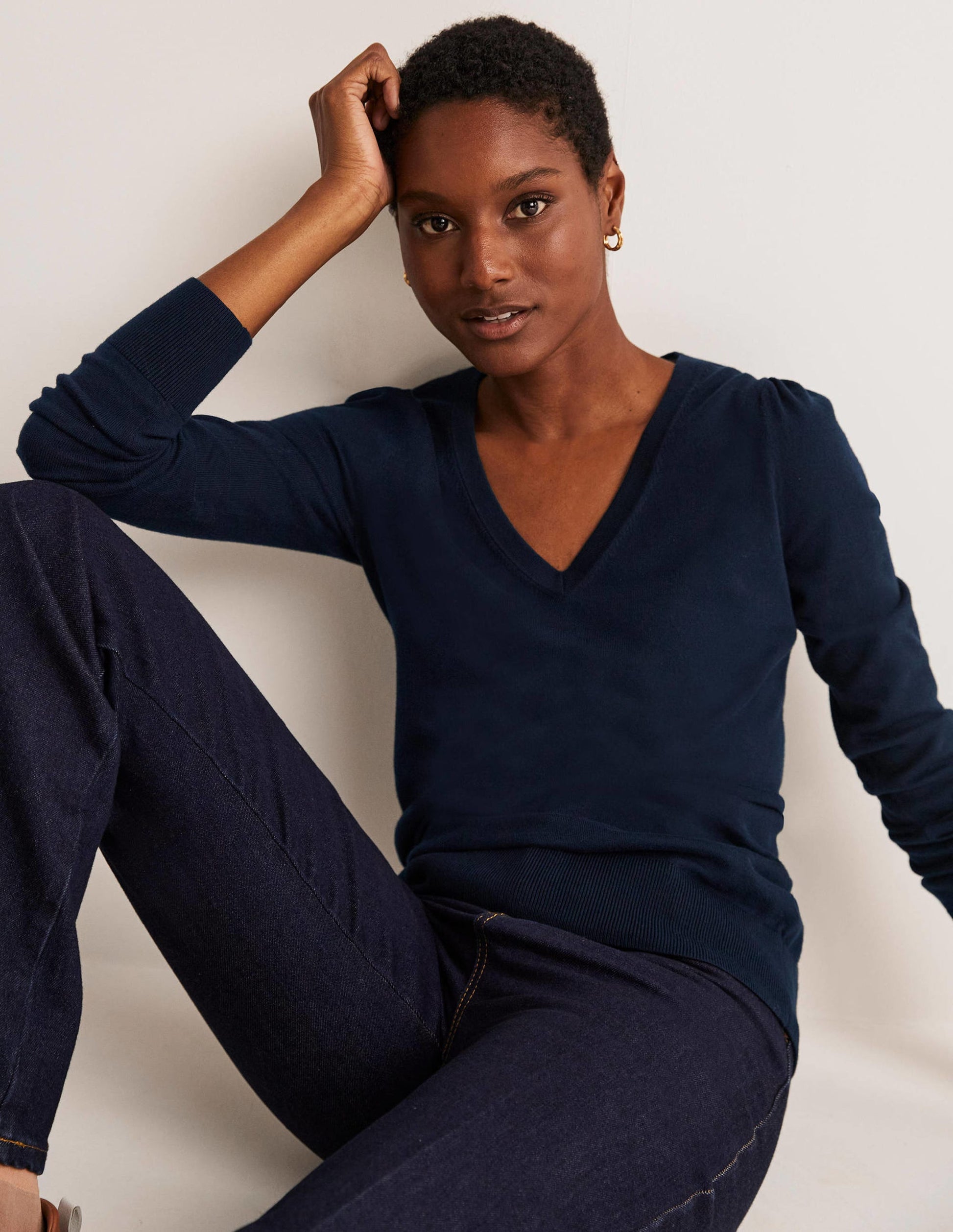 Cotton V-Neck Jumper-Navy-7