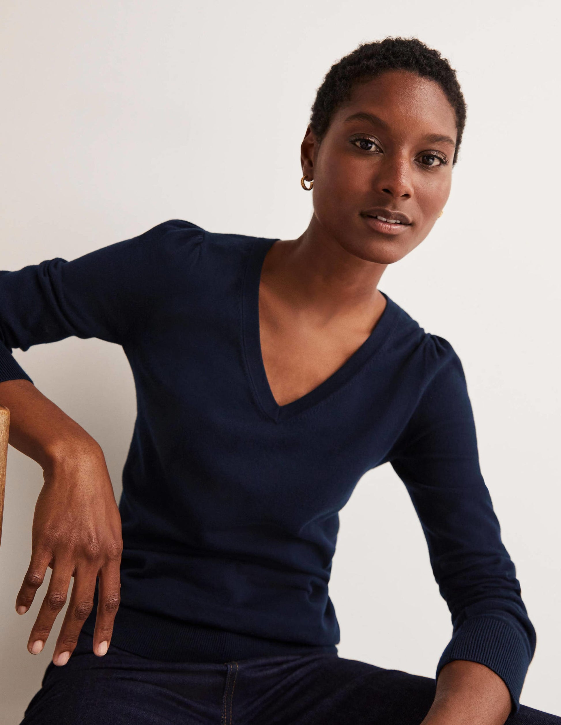 Cotton V-Neck Jumper-Navy-2