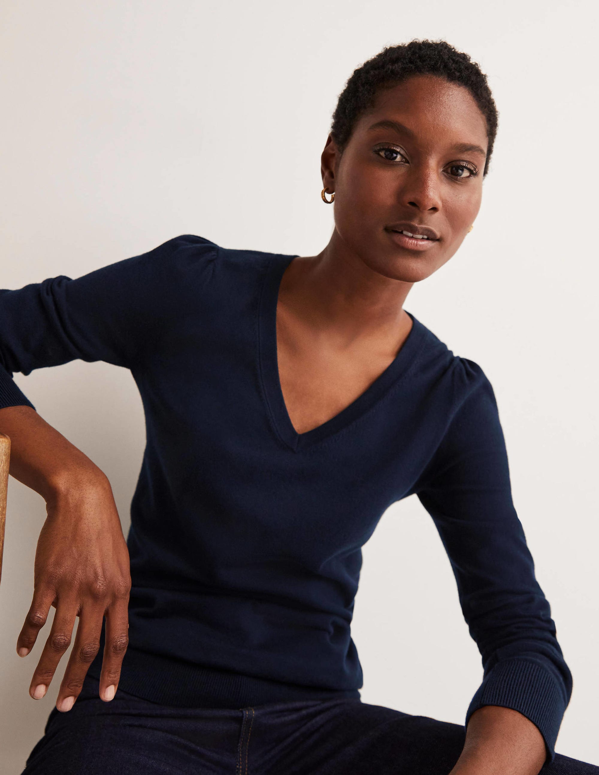 Pull col V en coton-Bleu marine - Image 2