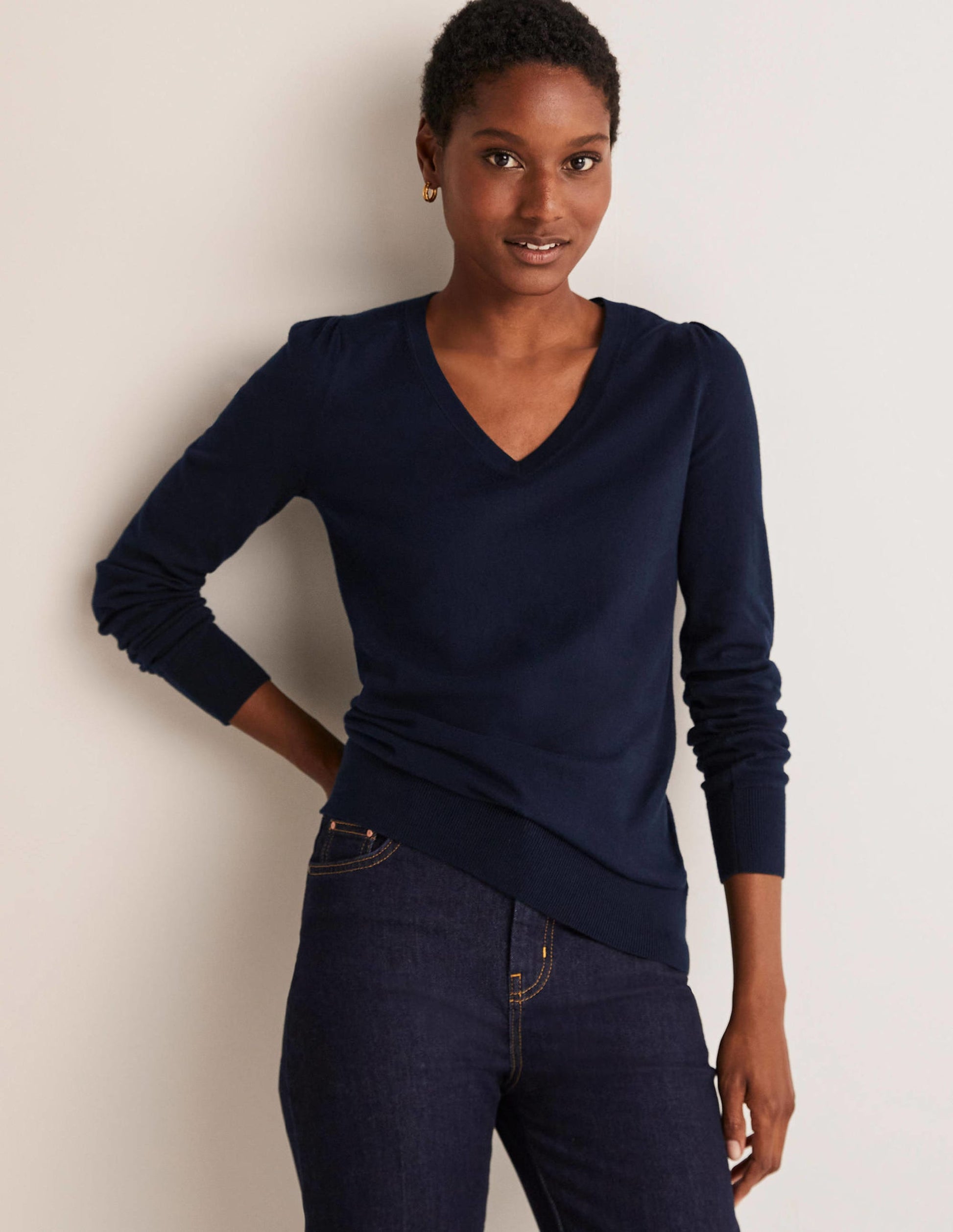 Cotton V-Neck Jumper-Navy-3