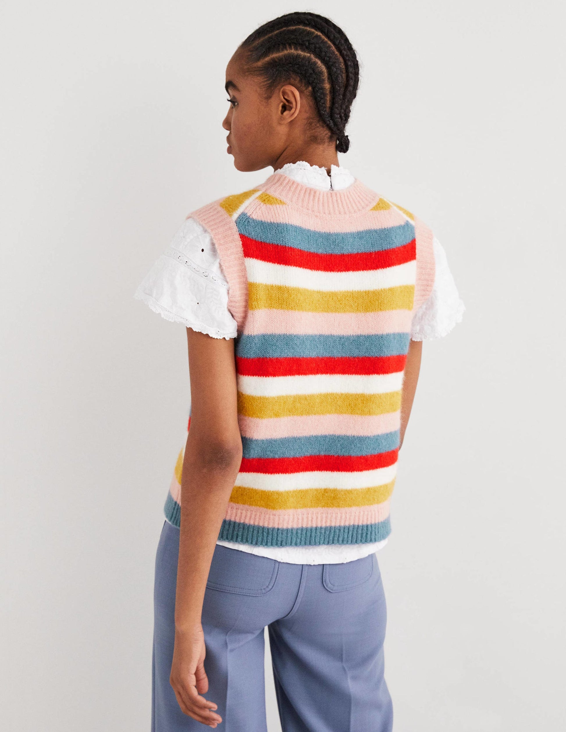 Flauschiger Pullunder-Gelb/Blau, Gestrickte Regenbogenstreifen-3