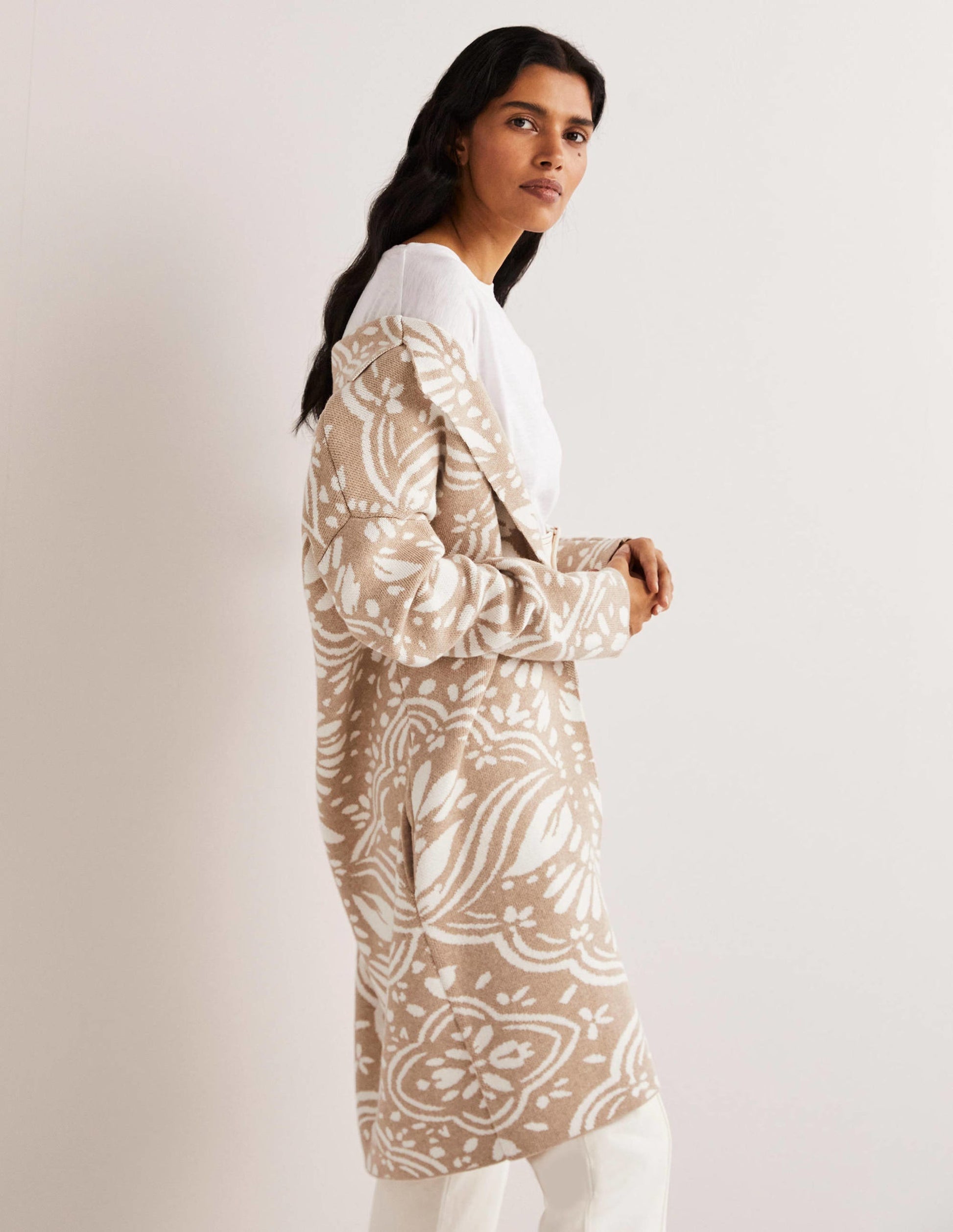 Langer Strick-Cardigan-Mausgrau, Orientalisches Diamantmuster-4