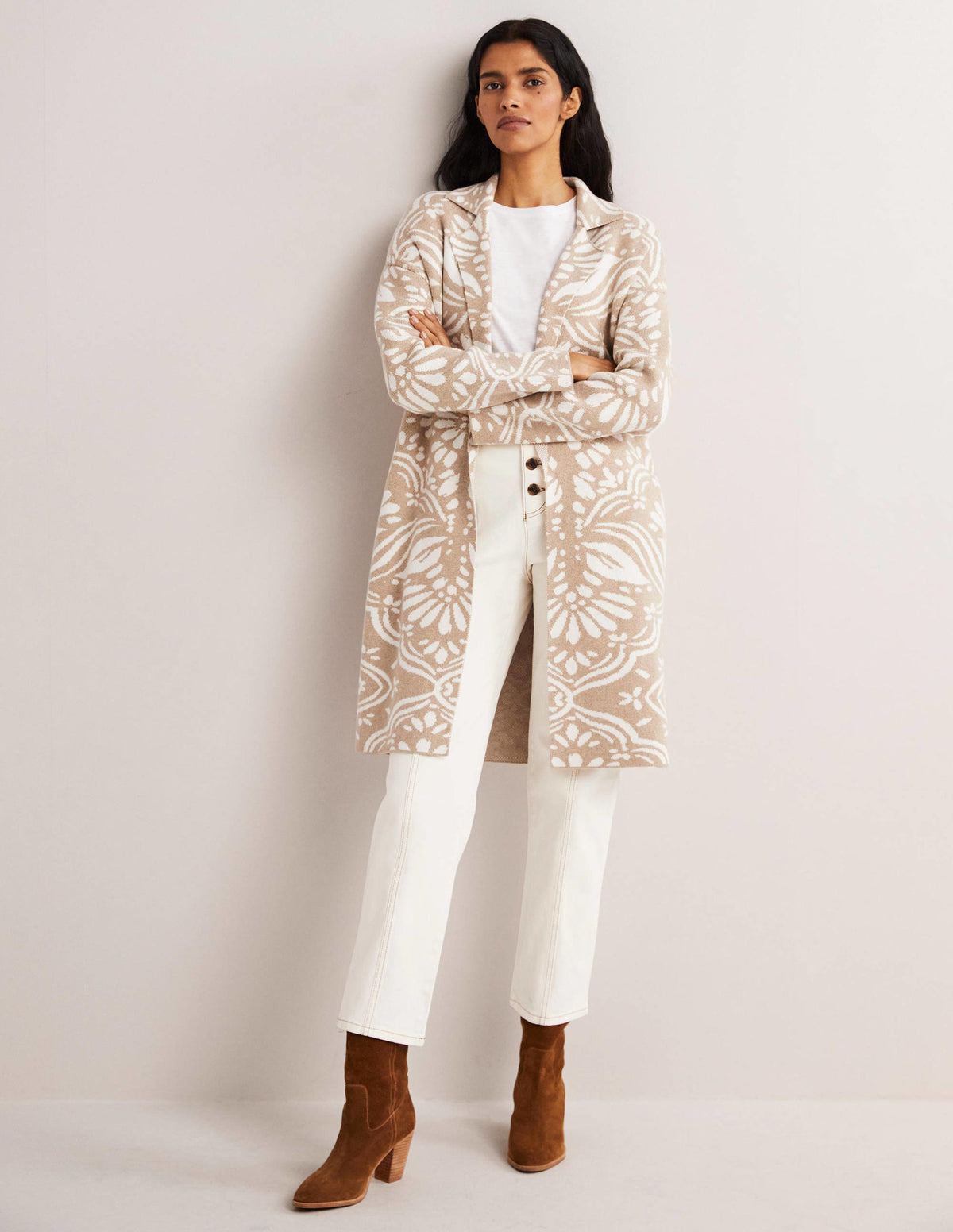 Langer Strick-Cardigan-Mausgrau, Orientalisches Diamantmuster-5