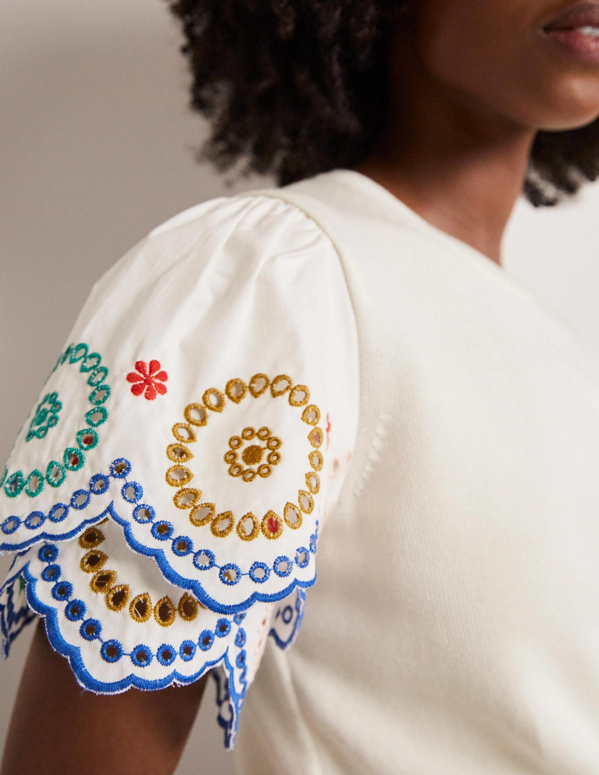 Knitted Sleeve Detail T-shirt-Ivory-6