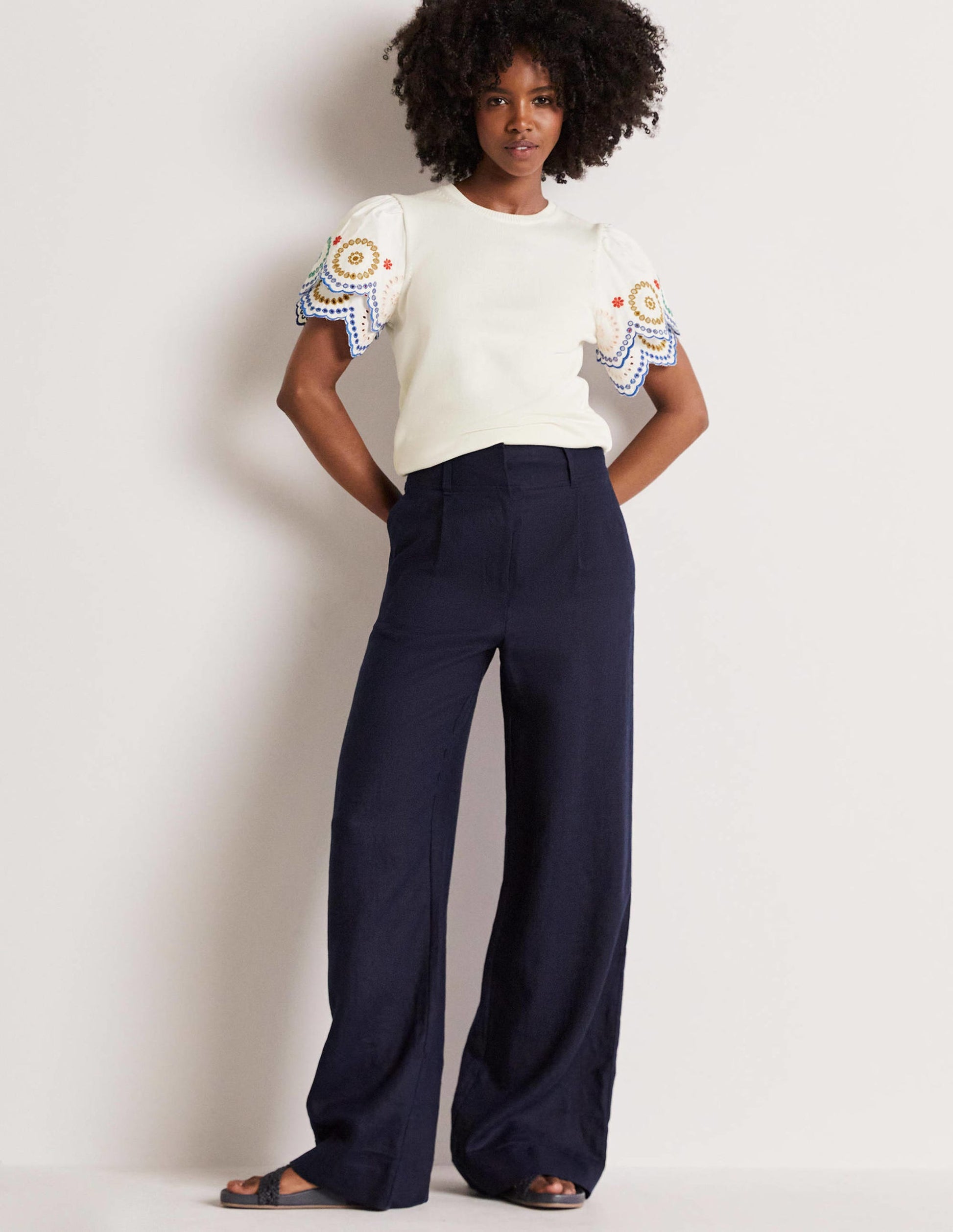 Knitted Sleeve Detail T-shirt-Ivory-4