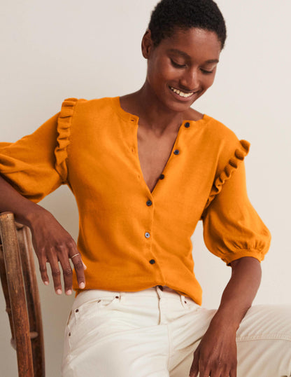 Frill Shoulder Cotton Cardigan-Desert Sun Orange-5