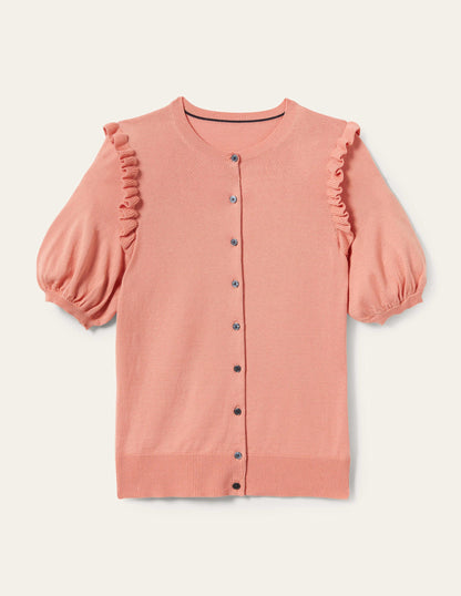 Frill Shoulder Cotton Cardigan-Chalky Coral Pink-7